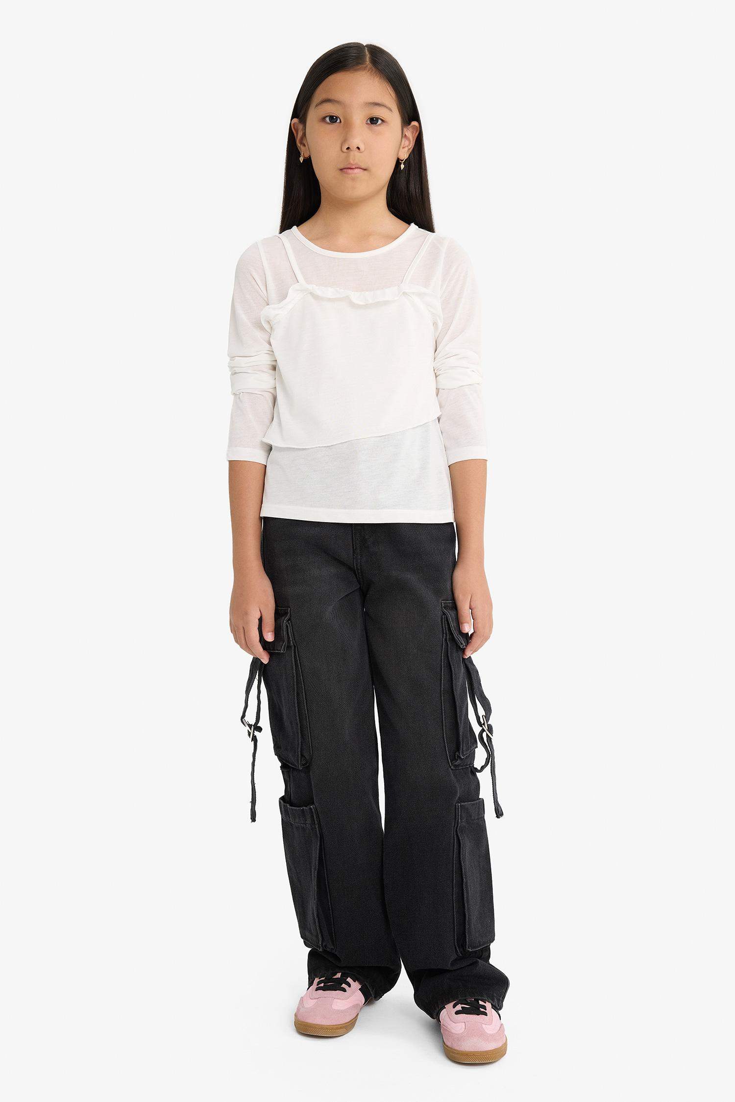 Kız Çocuk Fitted Bisiklet Yaka Uzun Kollu Tişört