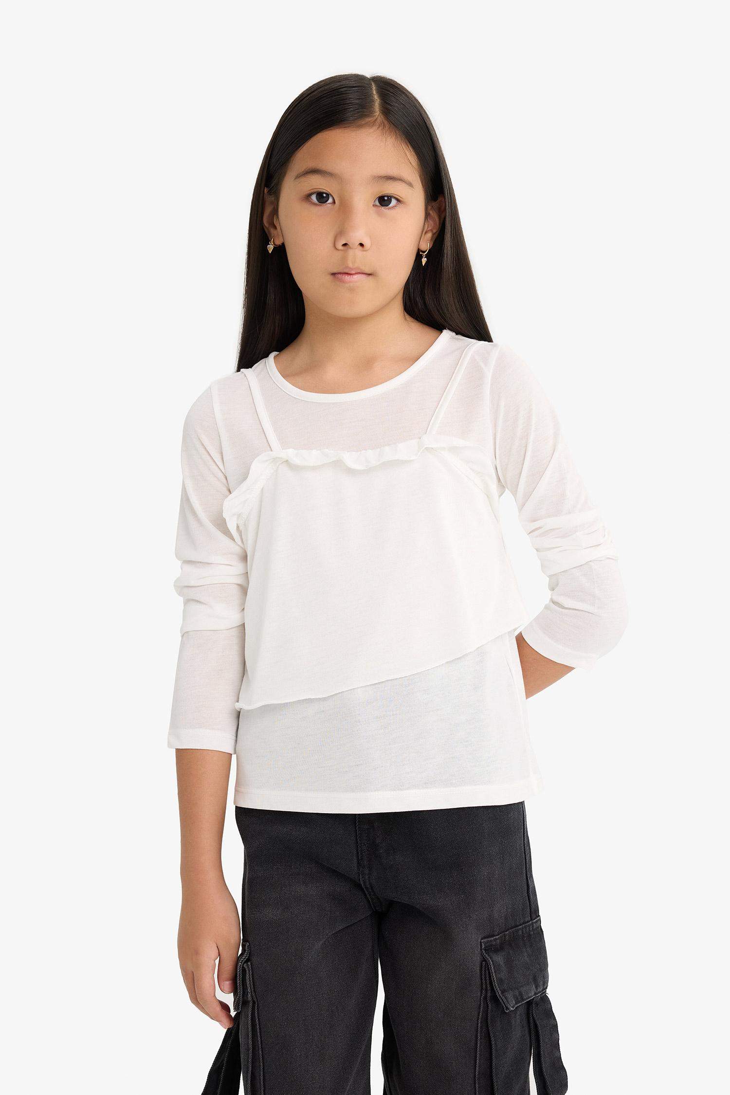 Kız Çocuk Fitted Bisiklet Yaka Uzun Kollu Tişört