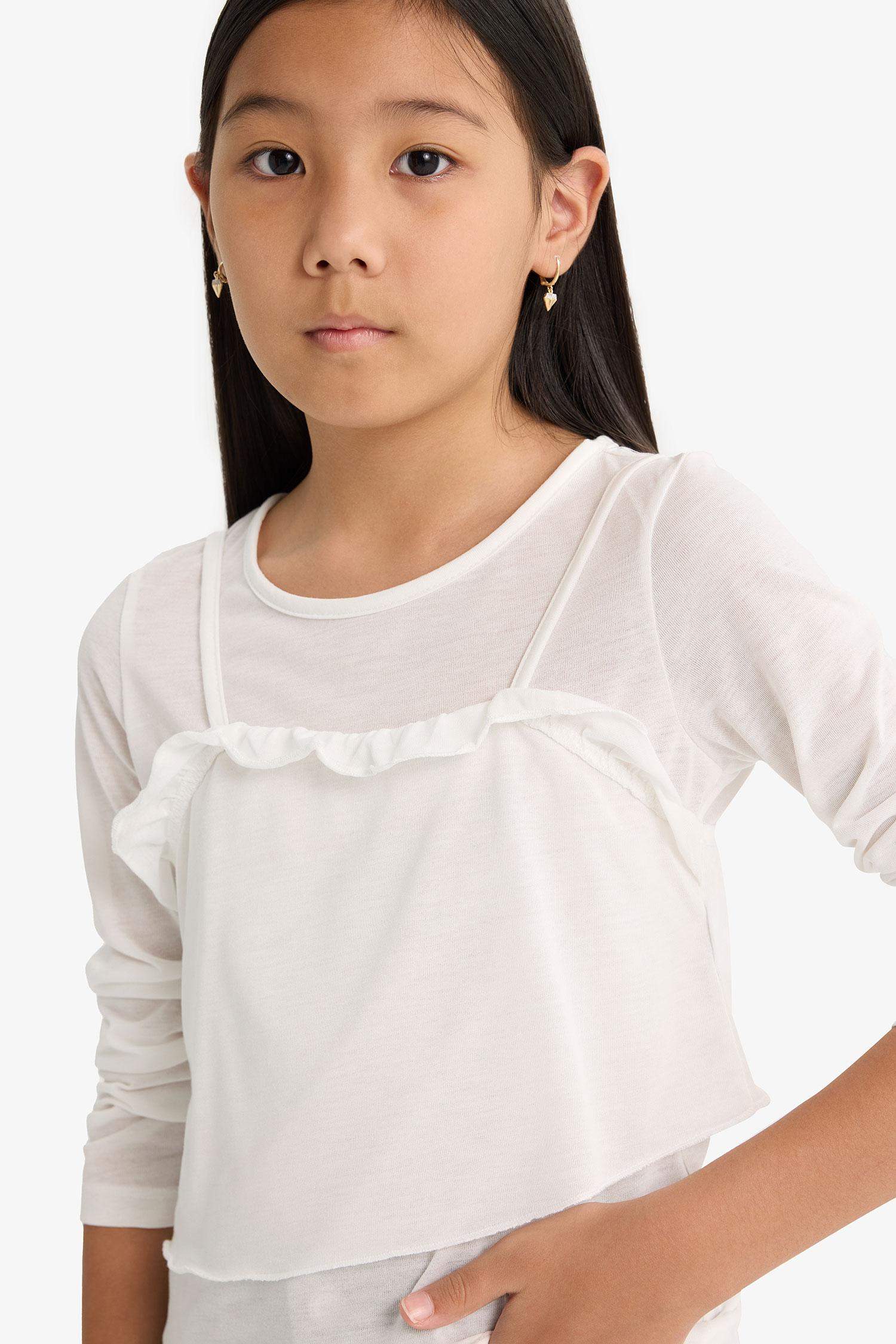 Kız Çocuk Fitted Bisiklet Yaka Uzun Kollu Tişört