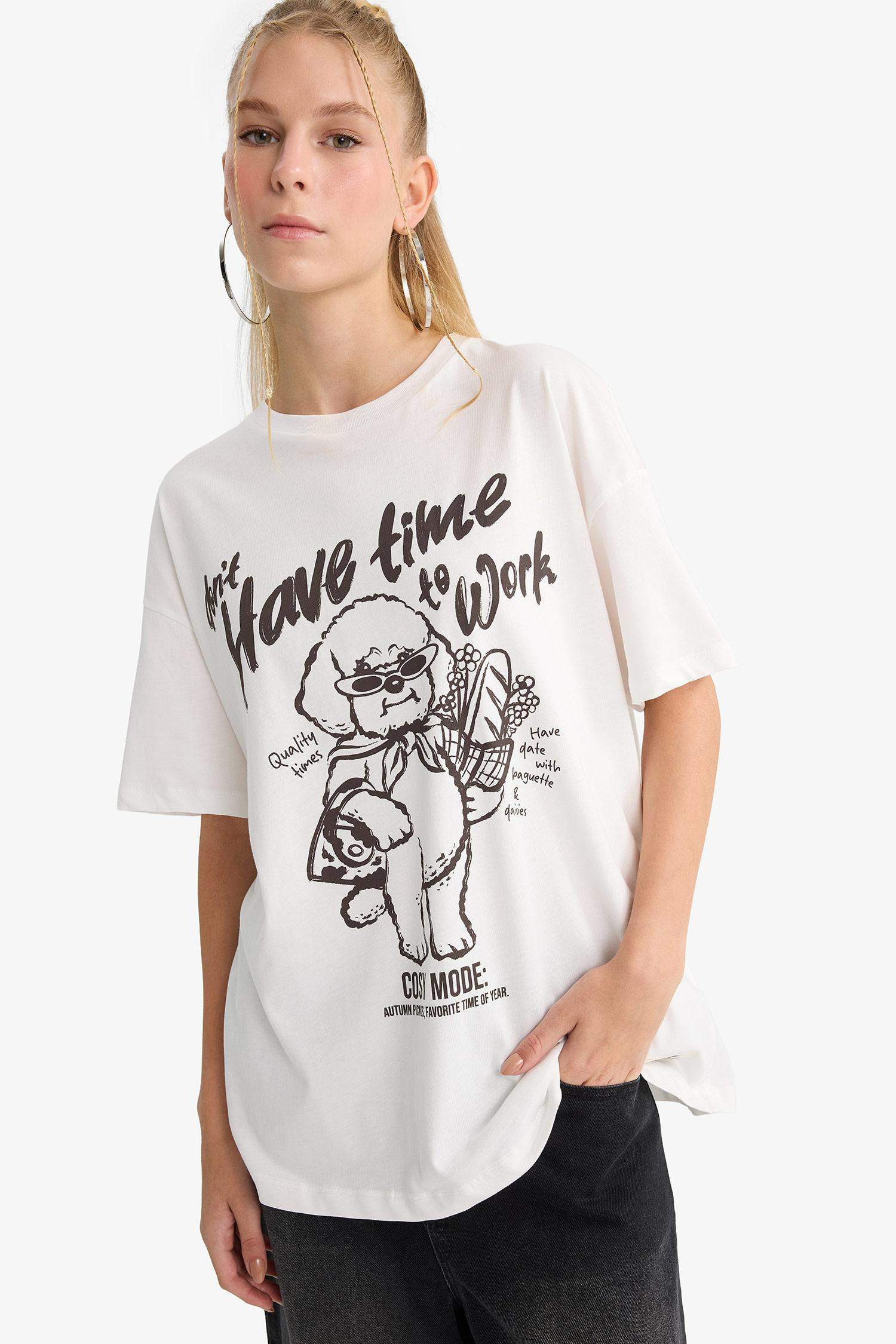 Coool Oversize Geniş Kalıp Bisiklet Yaka Baskılı Kısa Kollu Tişört 