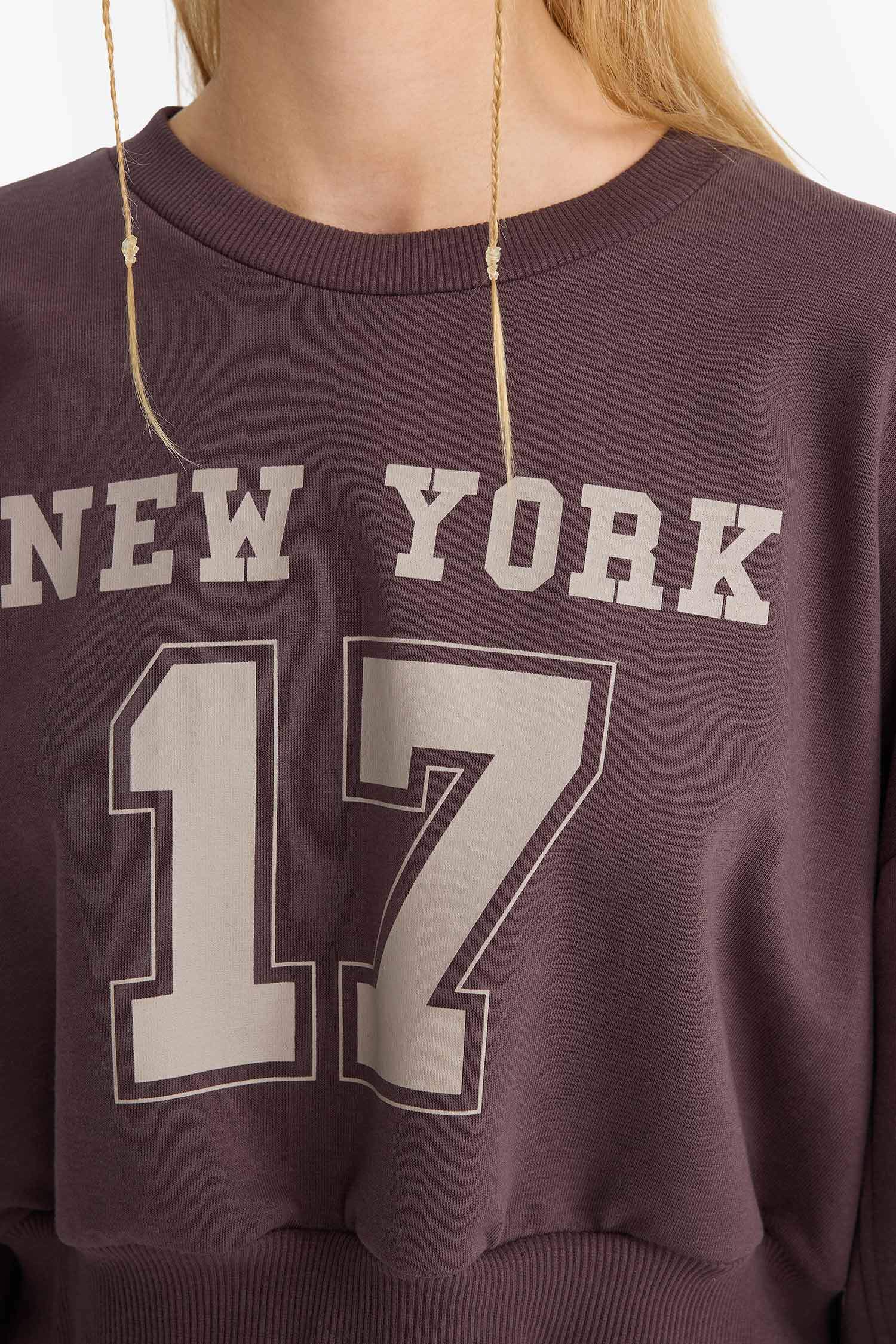 Coool Crop Bisiklet Yaka Baskılı Kalın Sweatshirt