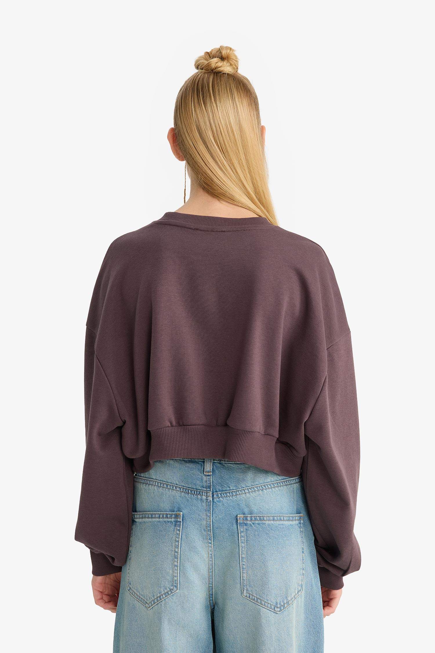 Coool Crop Bisiklet Yaka Baskılı Kalın Sweatshirt