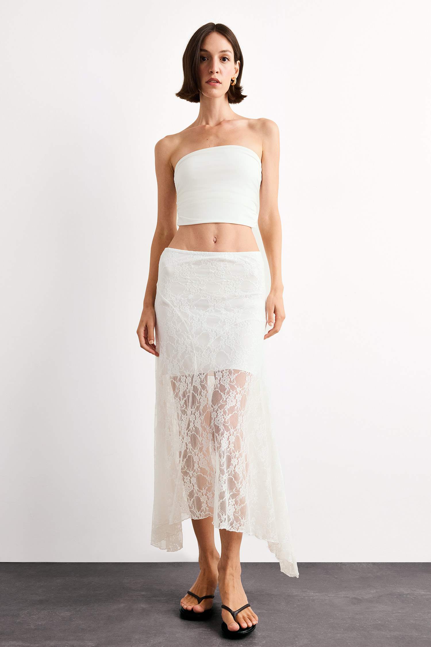 	Beli Lastikli Yarım Astar Dantel Midi Etek