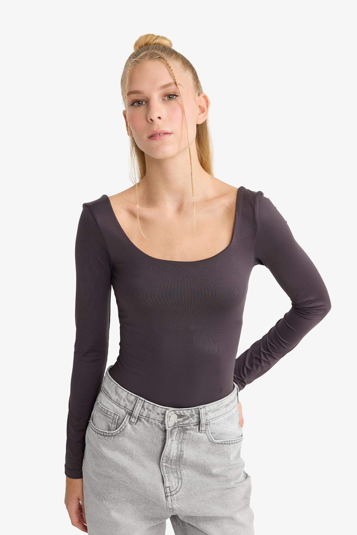 Body à col U et manches longues à boutons-pression