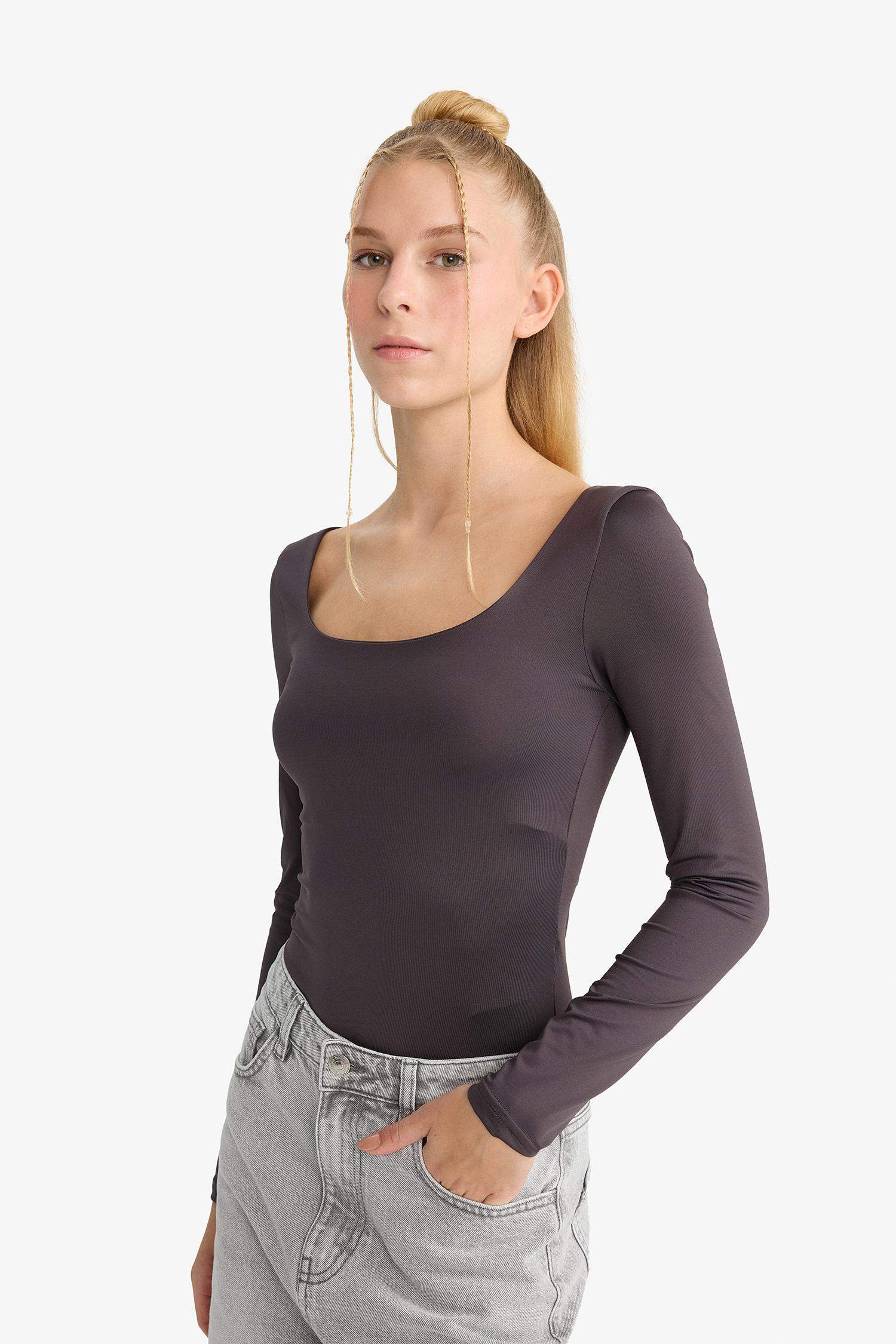 Body à col U et manches longues à boutons-pression