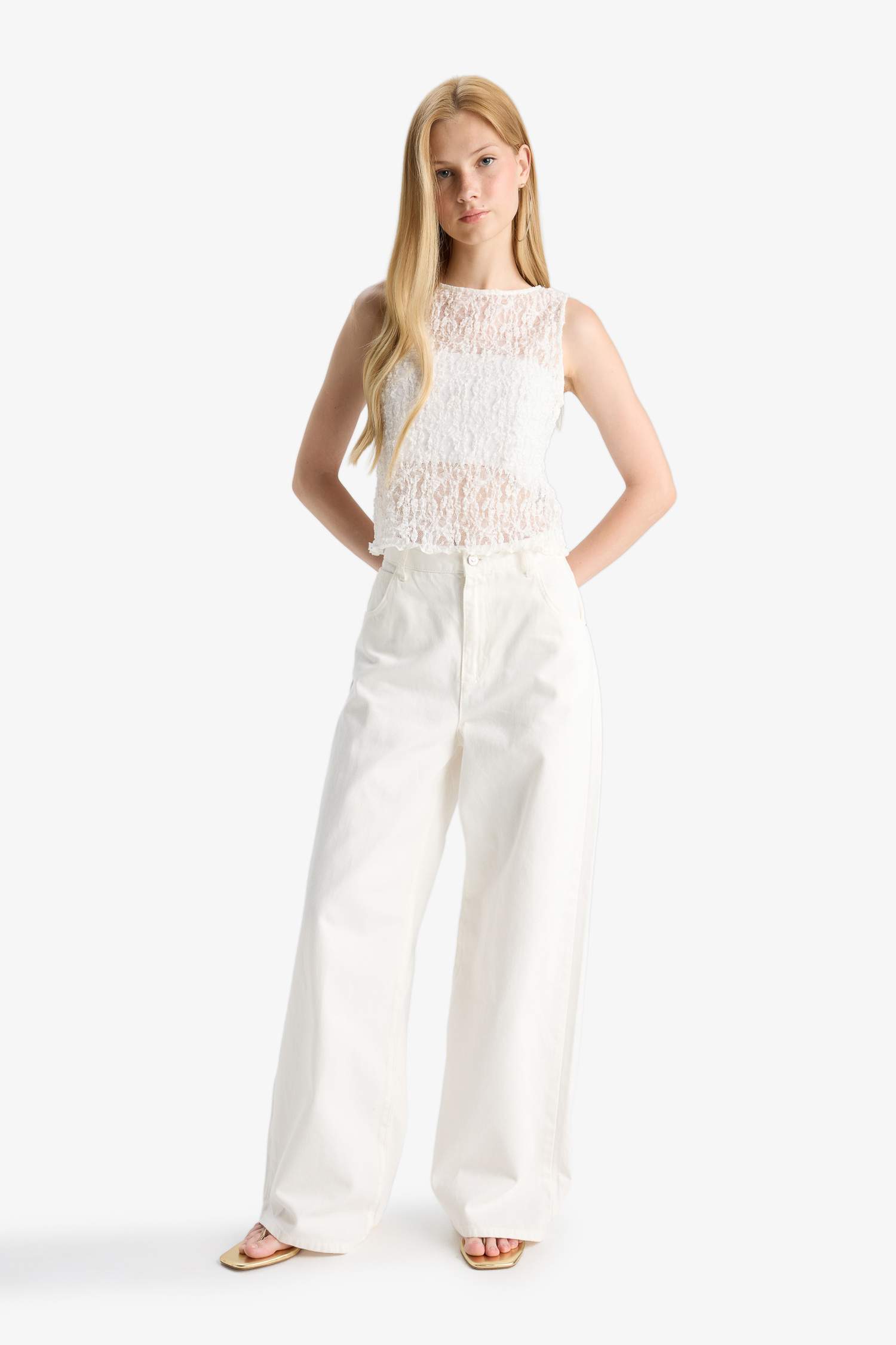 Fitted Bisiklet Yaka Kolsuz Dantel Bluz