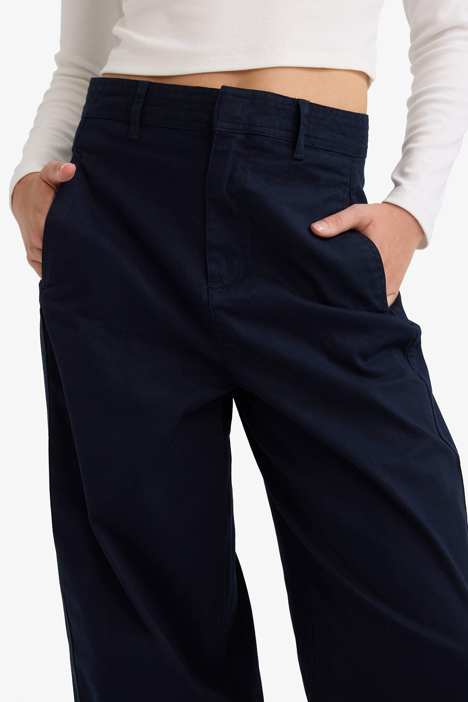 Barrel Fit Çift Cepli Yüksek Bel Düz Paça Gabardin Pantolon