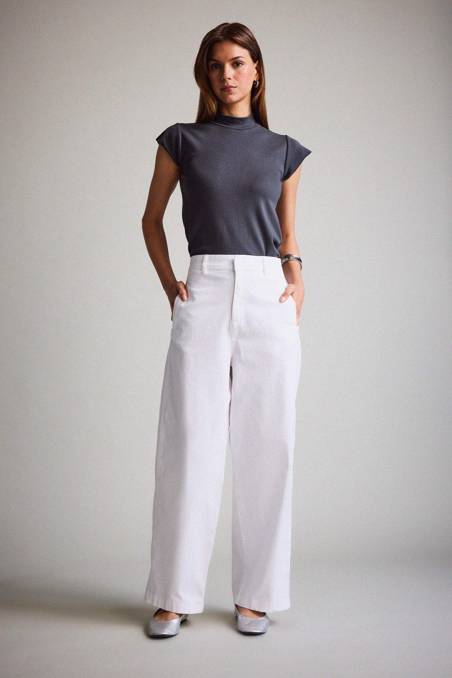 Barrel Fit Çift Cepli Yüksek Bel Düz Paça Gabardin Pantolon