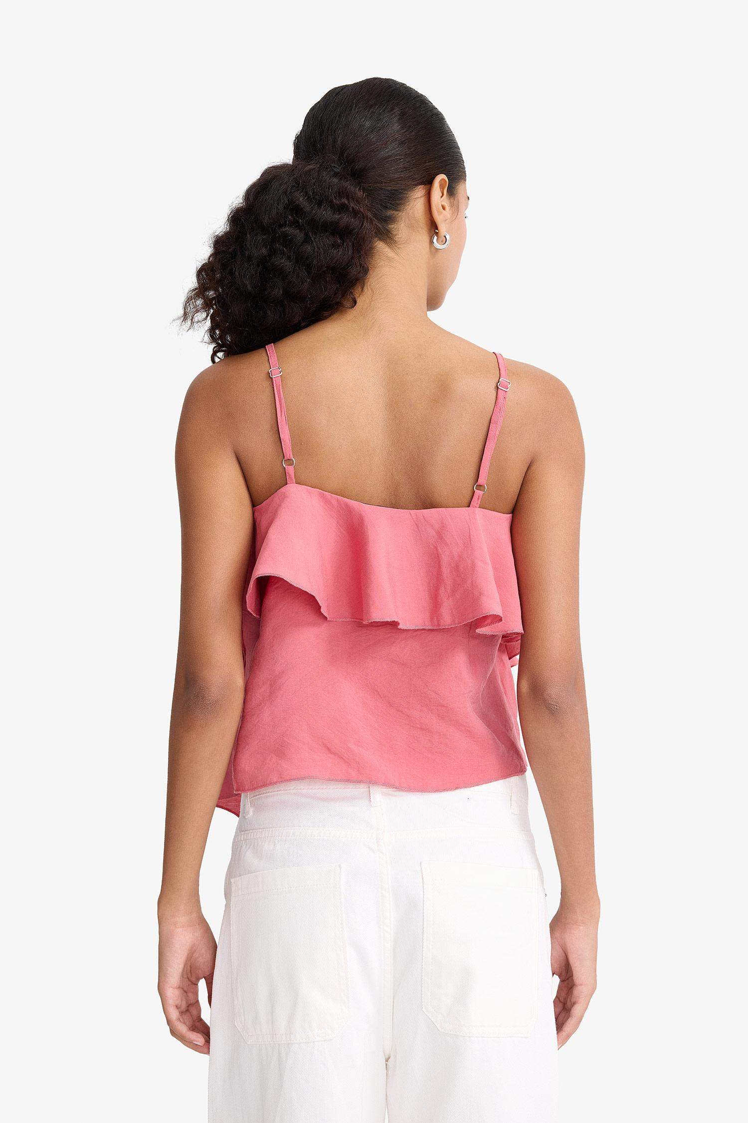 Regular Fit V Yaka Modal Volanlı İnce Askılı Bluz