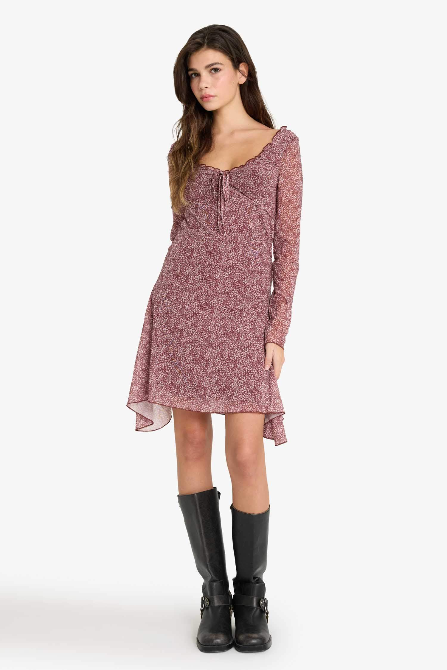 Coool V Yaka Çiçekli Tül Uzun Kollu Mini Elbise