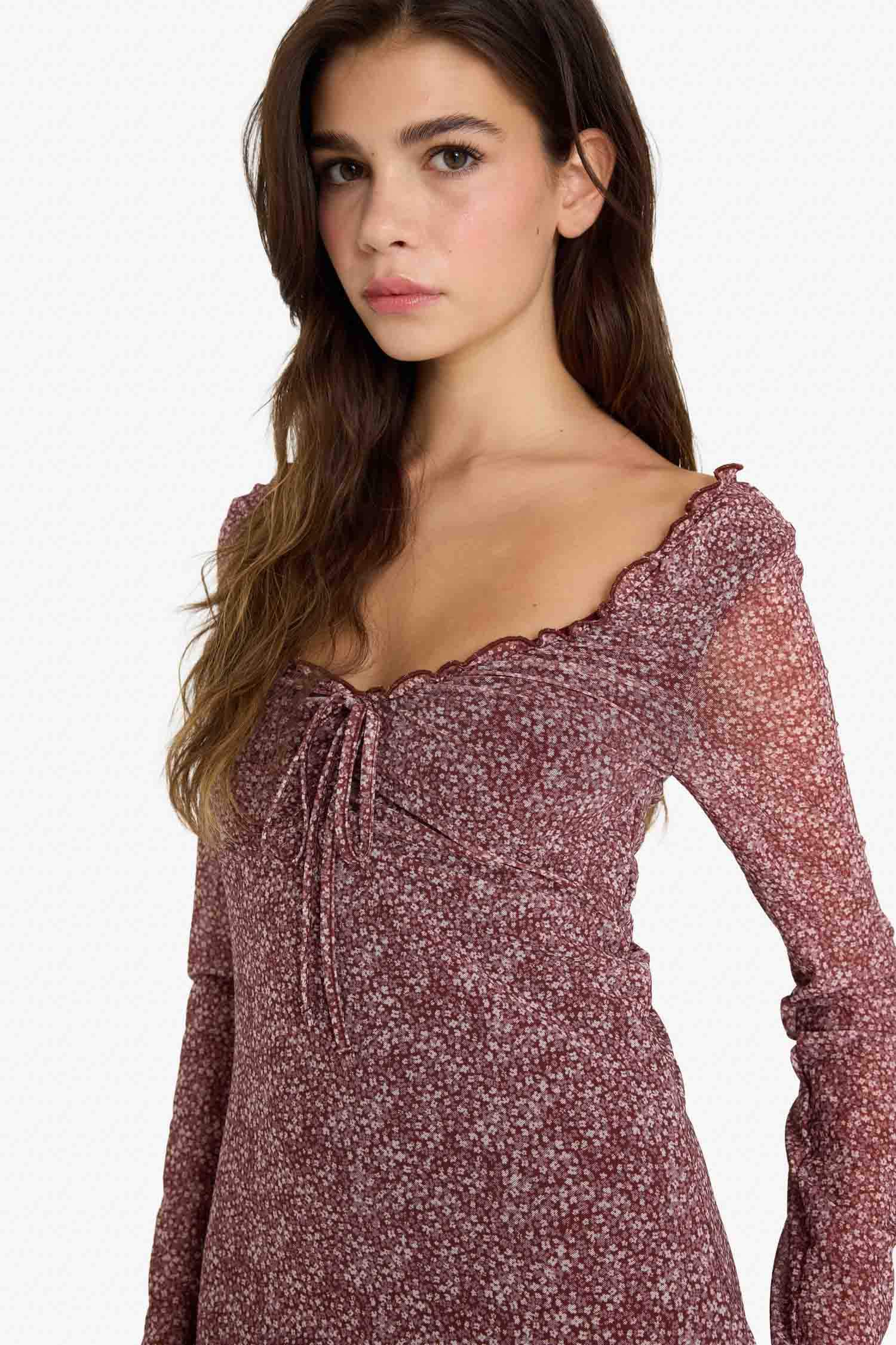 Coool V Yaka Çiçekli Tül Uzun Kollu Mini Elbise