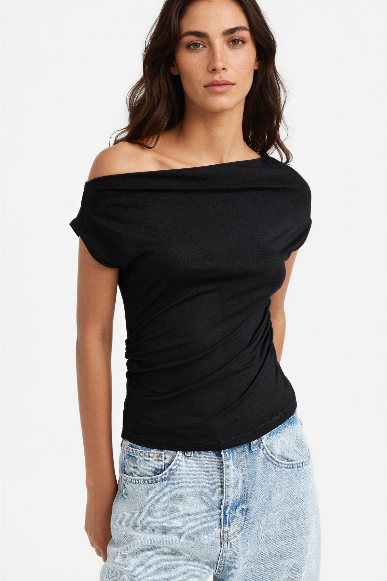DeFacto Slim Fit Dar Kesim Tek Omuzlu Siyah Bluz görsel 3