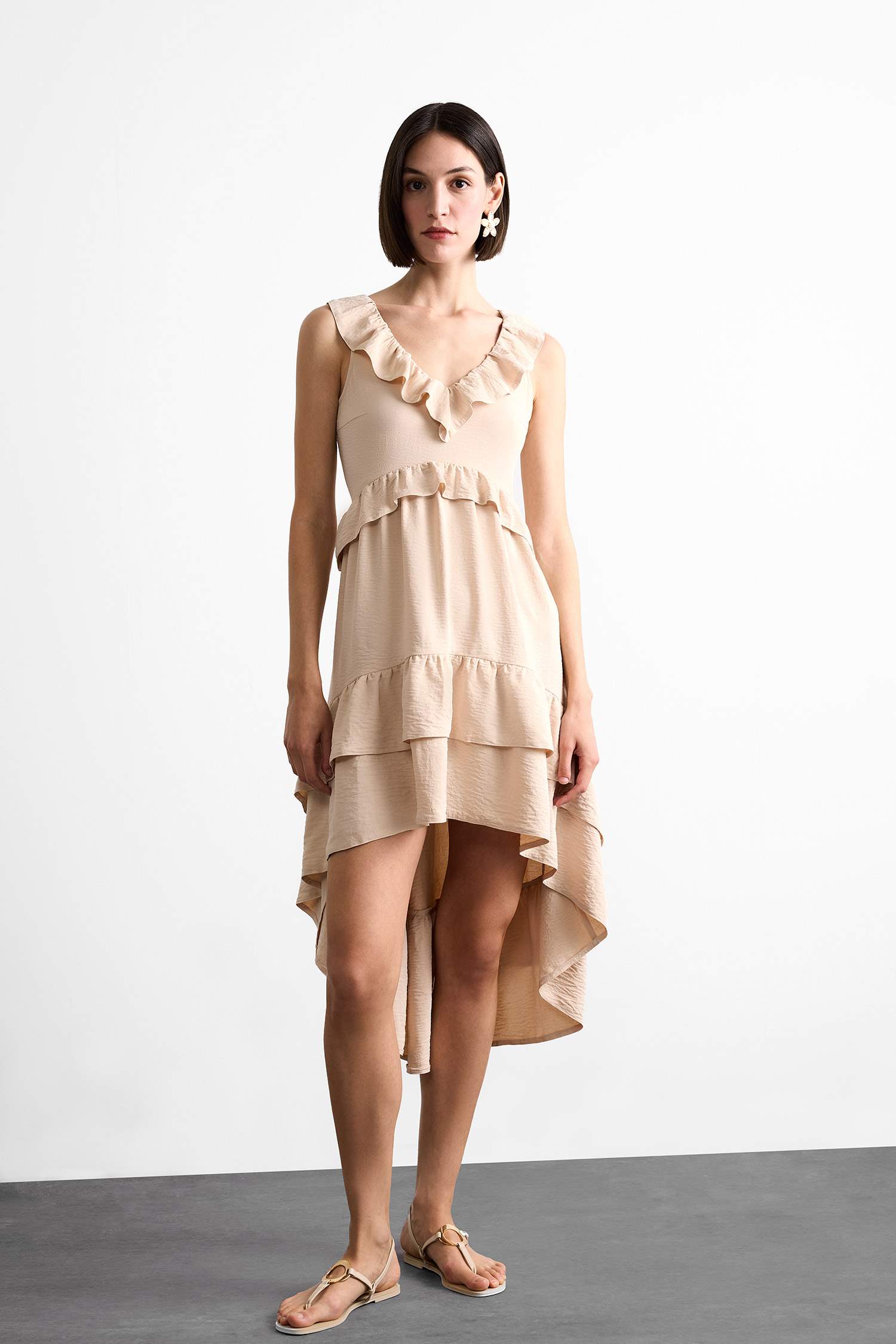 V Neck Flounce Asymmetric Sleeveless Midi Dress