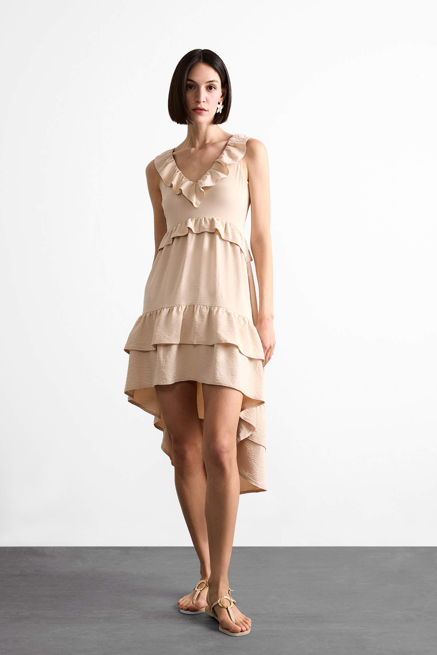 V Neck Flounce Asymmetric Sleeveless Midi Dress