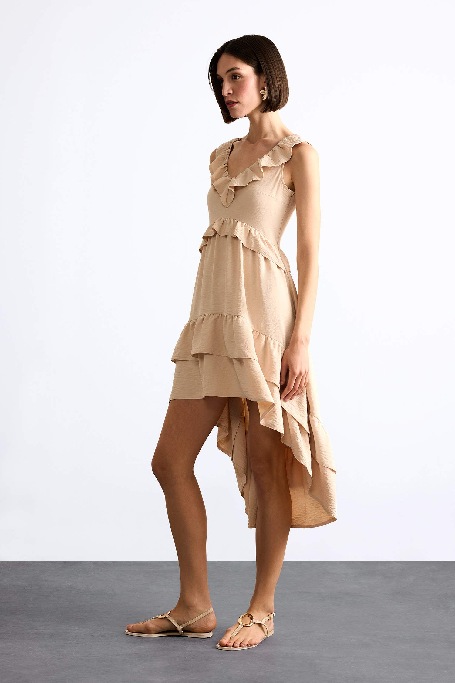 V Neck Flounce Asymmetric Sleeveless Midi Dress