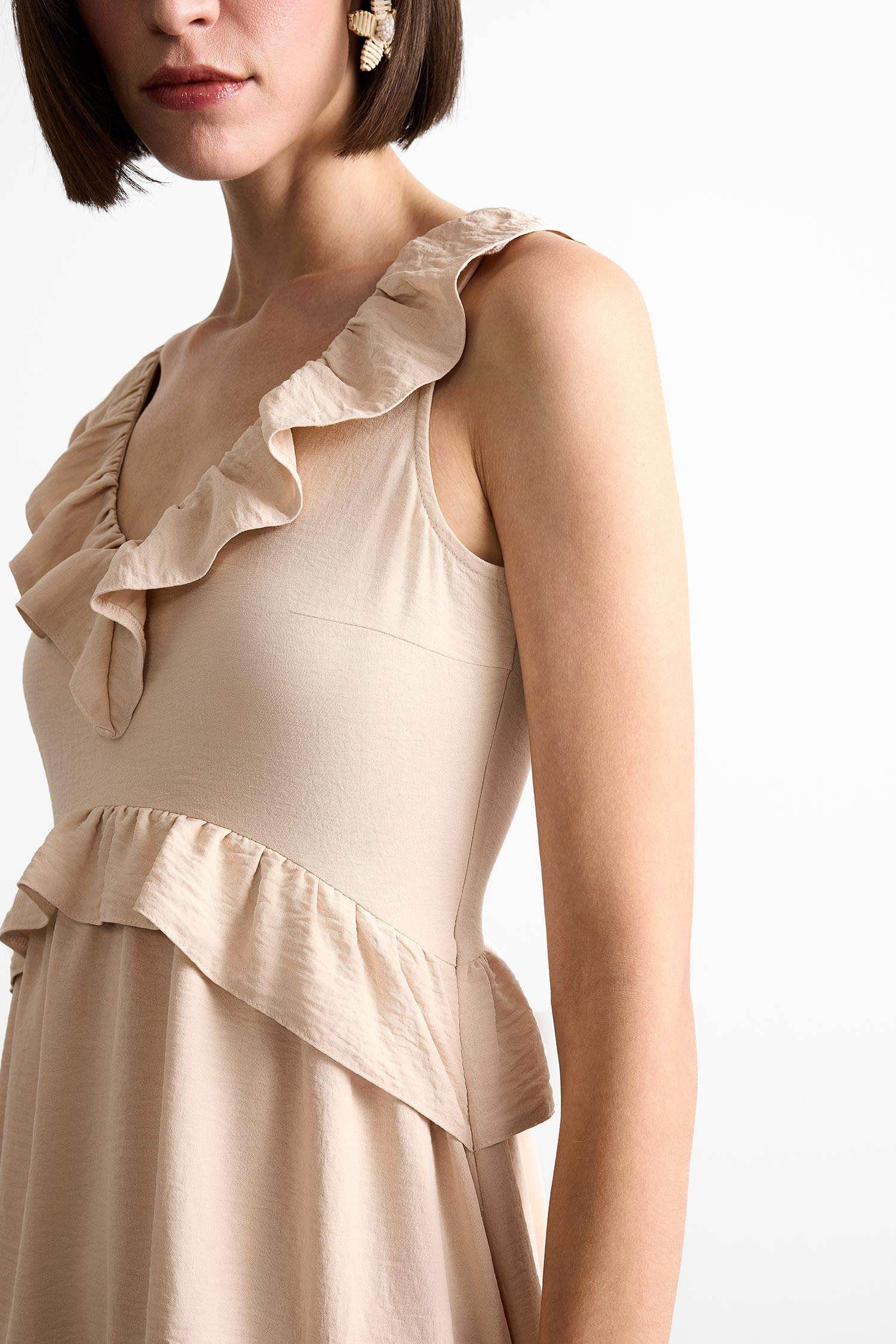 V Neck Flounce Asymmetric Sleeveless Midi Dress