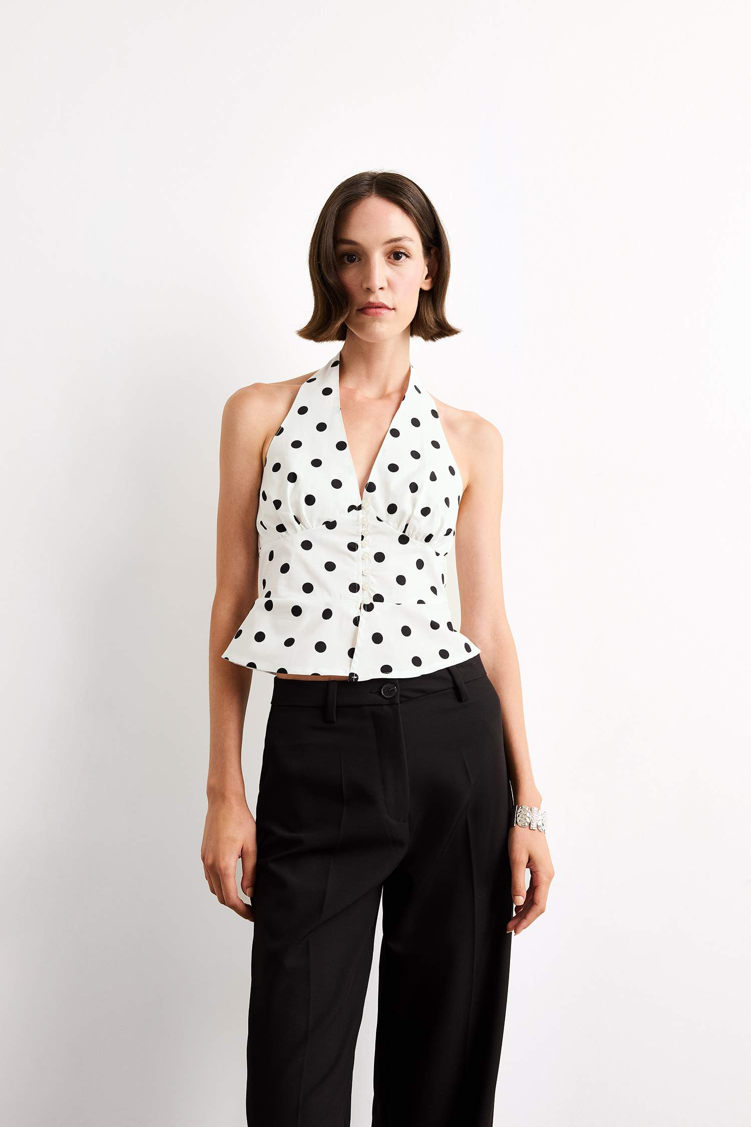 Slim Fit V-Neck Polka Dot Sleeveless Blouse