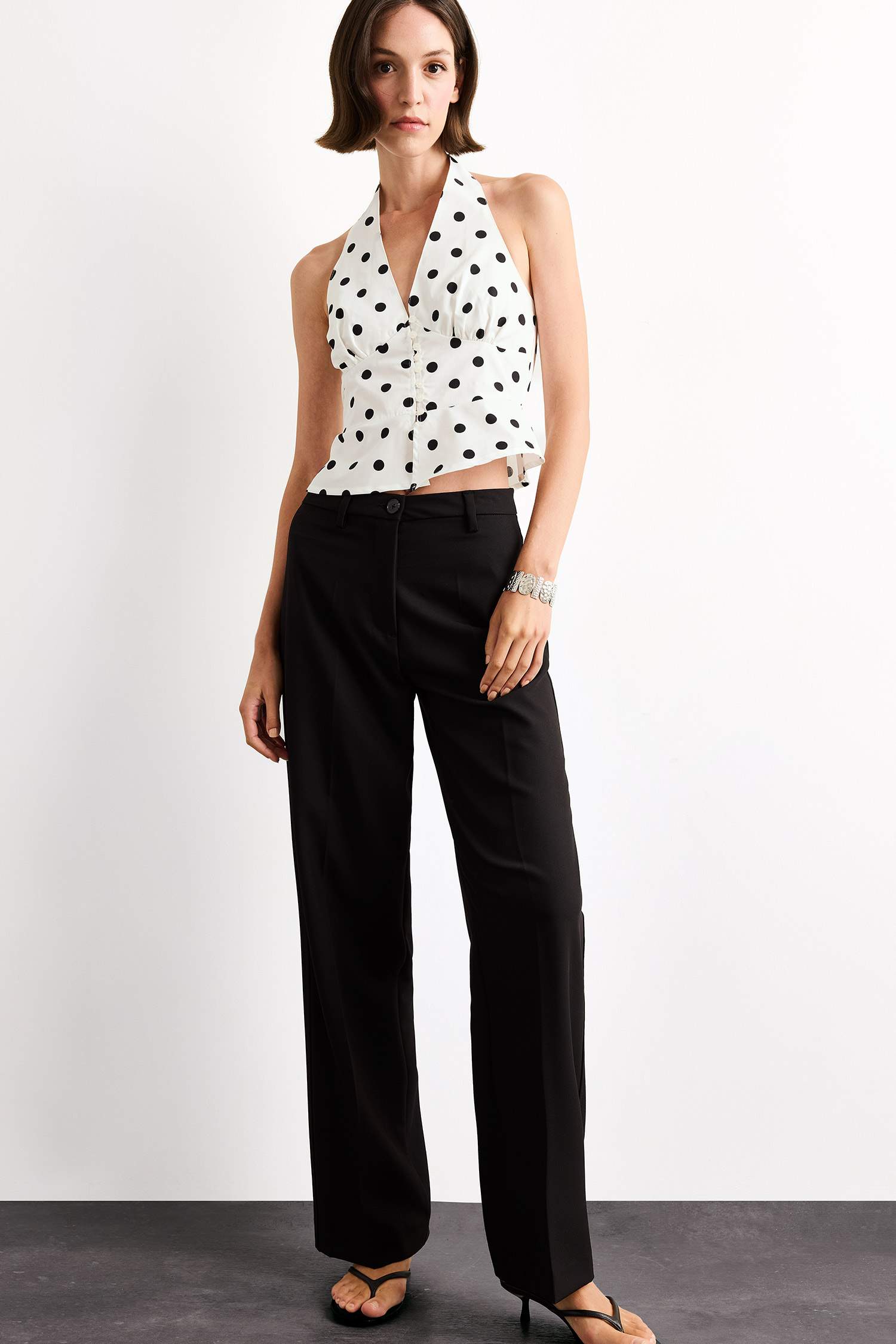 Slim Fit V-Neck Polka Dot Sleeveless Blouse