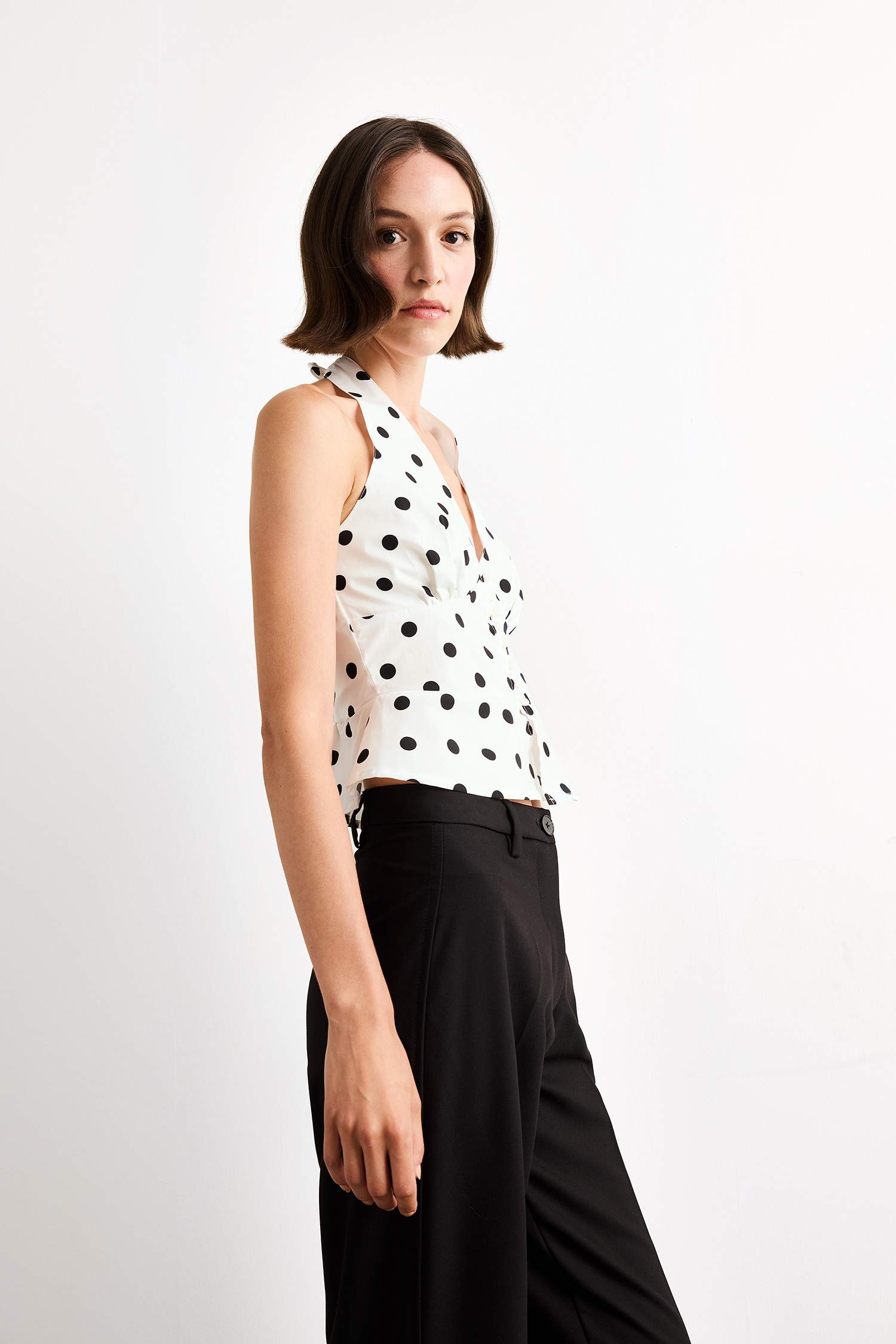 Slim Fit V-Neck Polka Dot Sleeveless Blouse