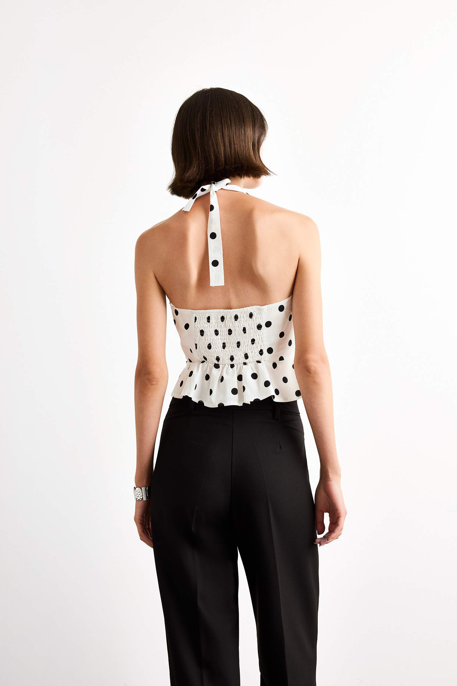 Slim Fit V-Neck Polka Dot Sleeveless Blouse