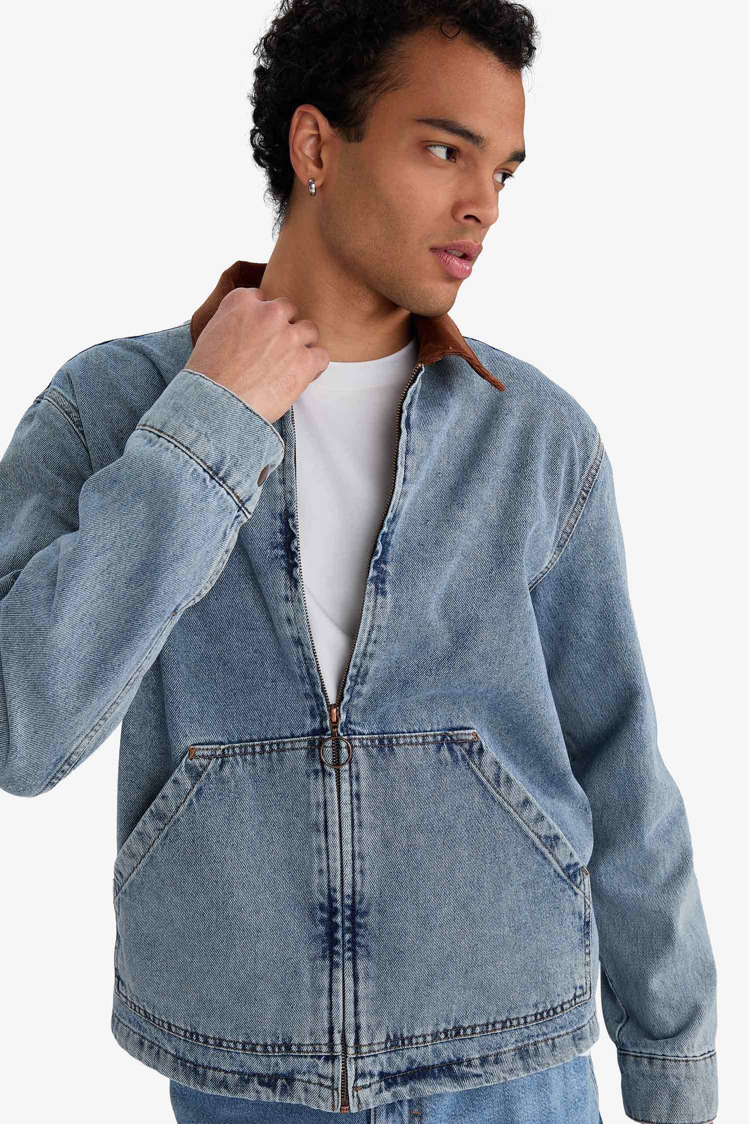 Relax Fit Kontrast Yaka Düğmeli Denim Ceket