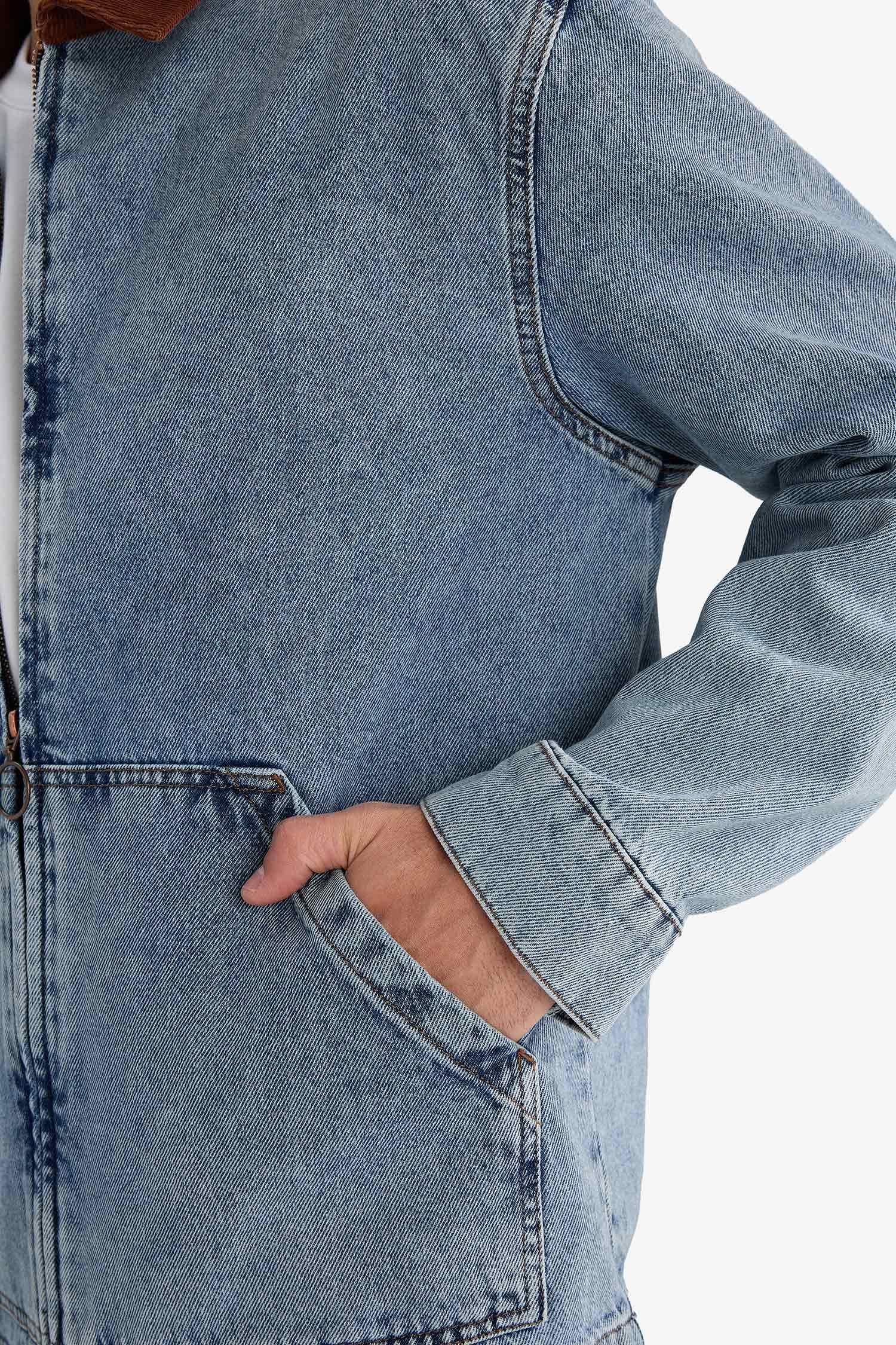 Relax Fit Kontrast Yaka Düğmeli Denim Ceket