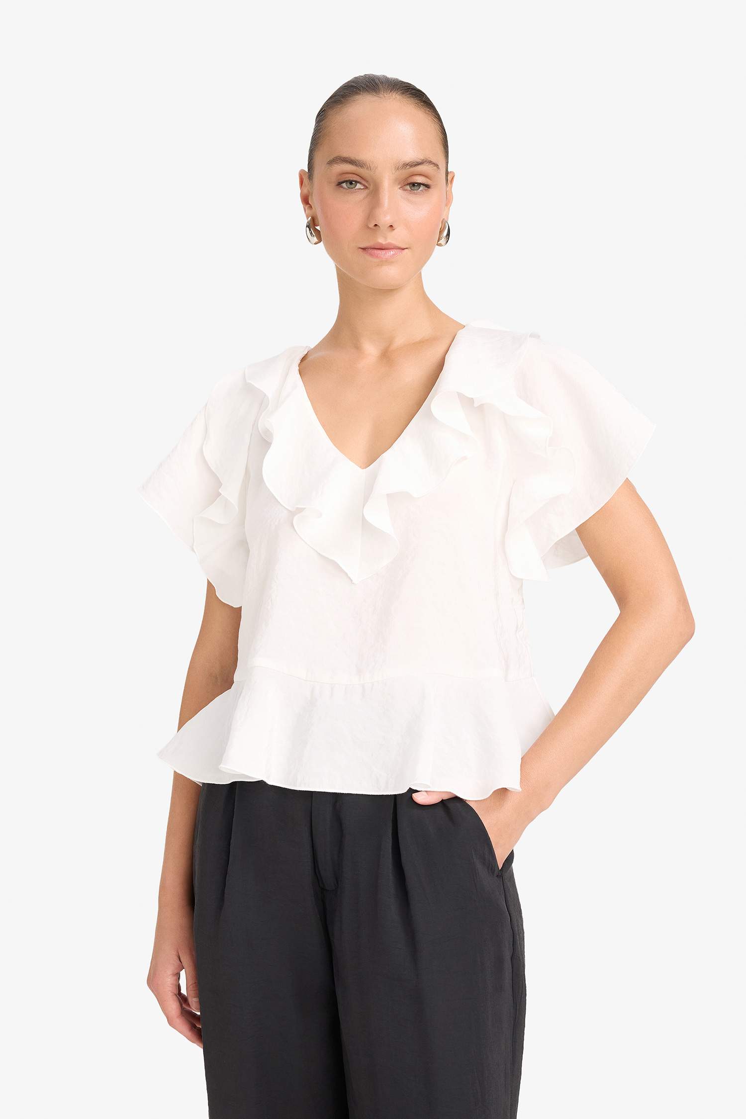 Regular Fit V-Neck Short Sleeve Blouse
