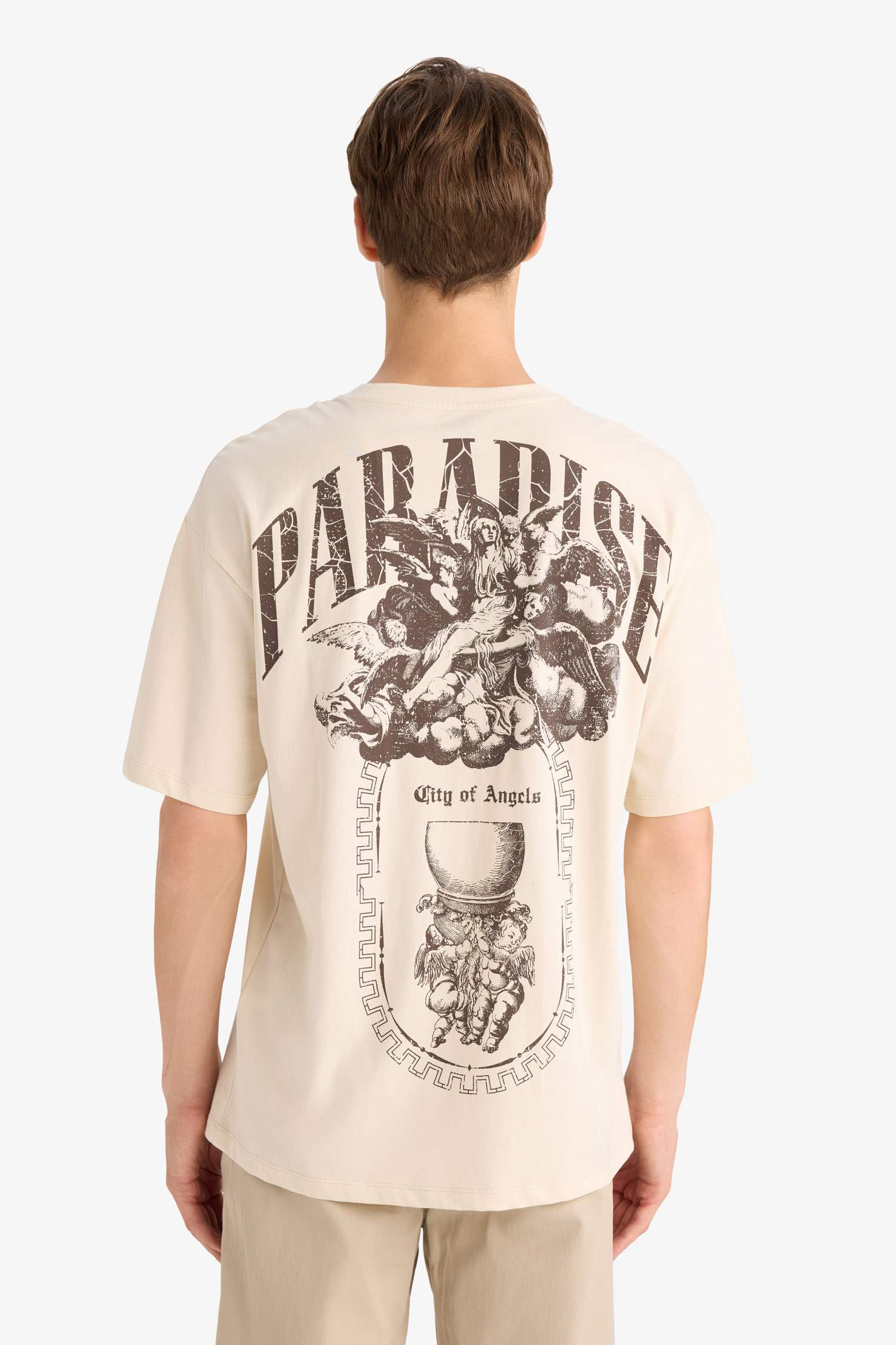 %100 Pamuk Boxy Fit Rahat Kesim Bisiklet Yaka Sırt Baskılı Kısa Kollu Tişört