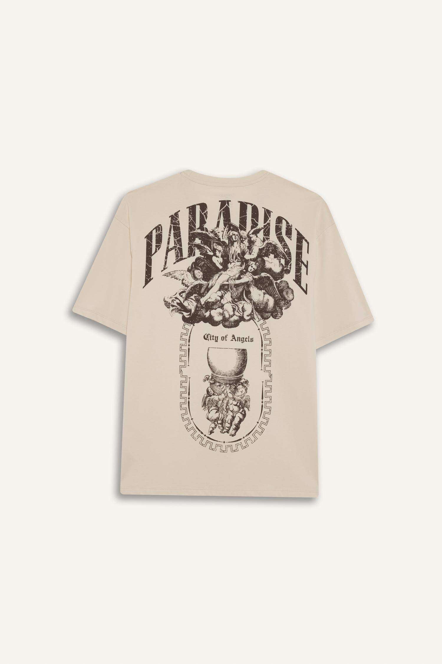 %100 Pamuk Boxy Fit Rahat Kesim Bisiklet Yaka Sırt Baskılı Kısa Kollu Tişört