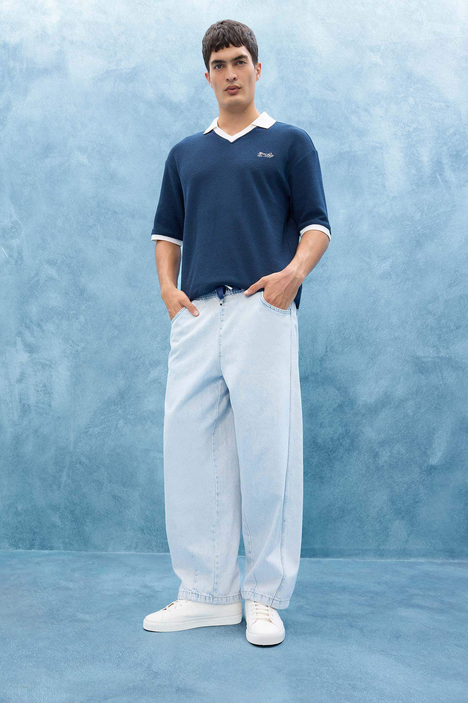 %100 Pamuk Barrel Fit Beli Bağcıklı Lastikli Geniş Paça Jean Yıkamalı Pantolon