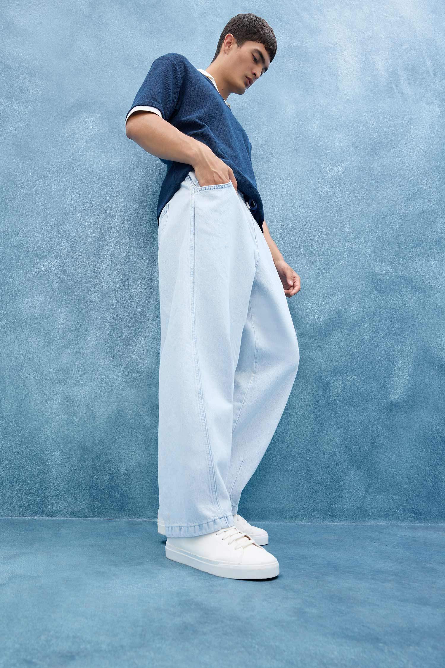 %100 Pamuk Barrel Fit Beli Bağcıklı Lastikli Geniş Paça Jean Yıkamalı Pantolon