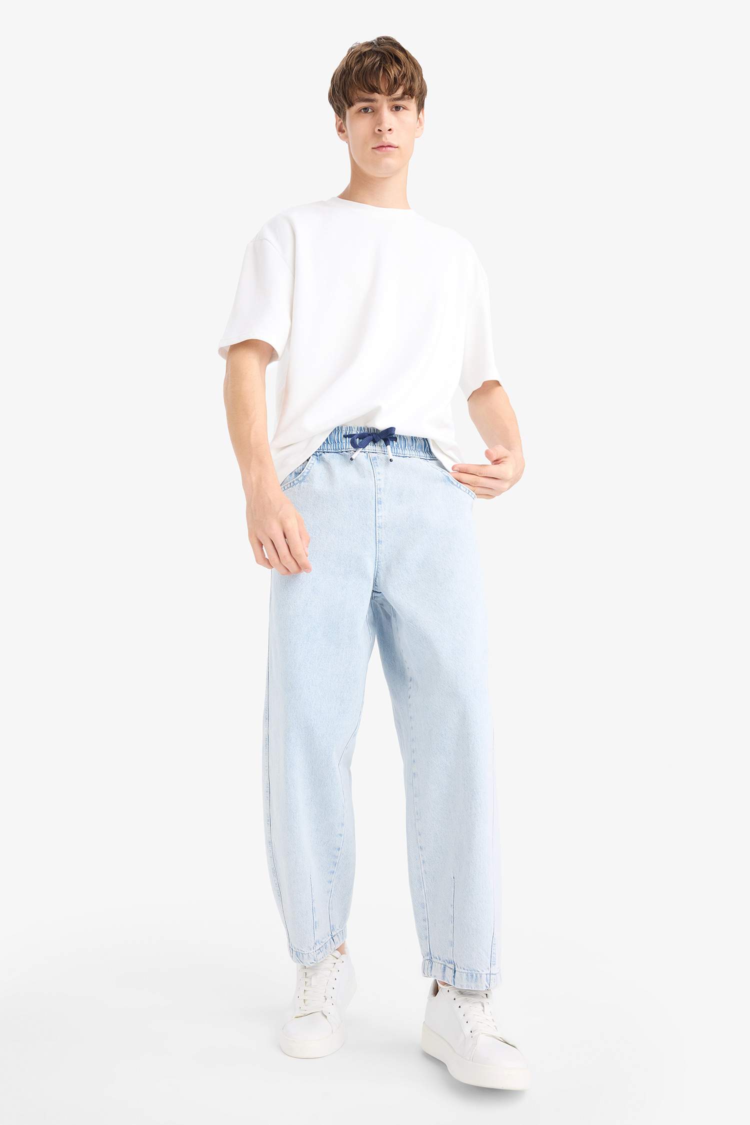 %100 Pamuk Barrel Fit Beli Bağcıklı Lastikli Geniş Paça Jean Yıkamalı Pantolon