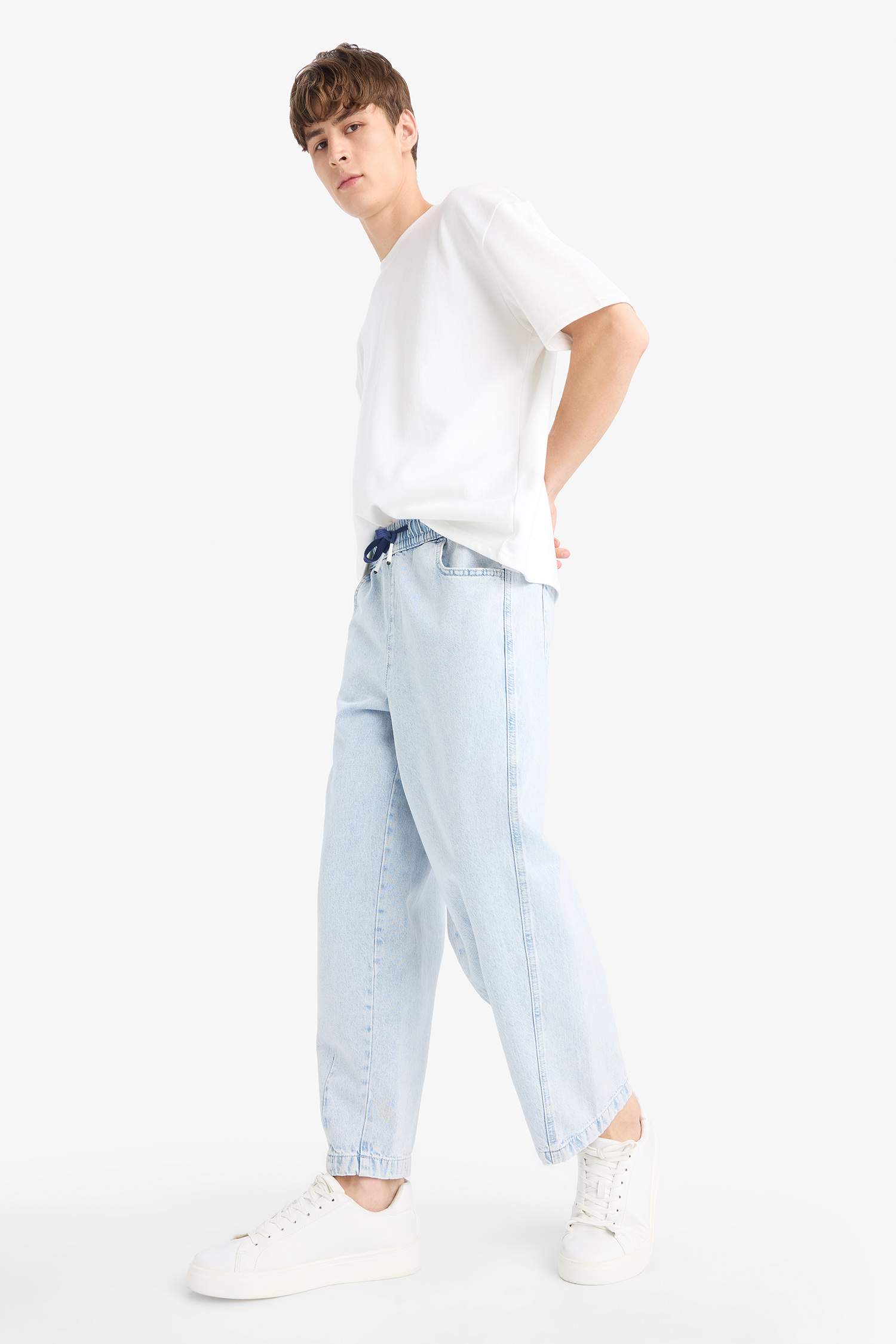 %100 Pamuk Barrel Fit Beli Bağcıklı Lastikli Geniş Paça Jean Yıkamalı Pantolon