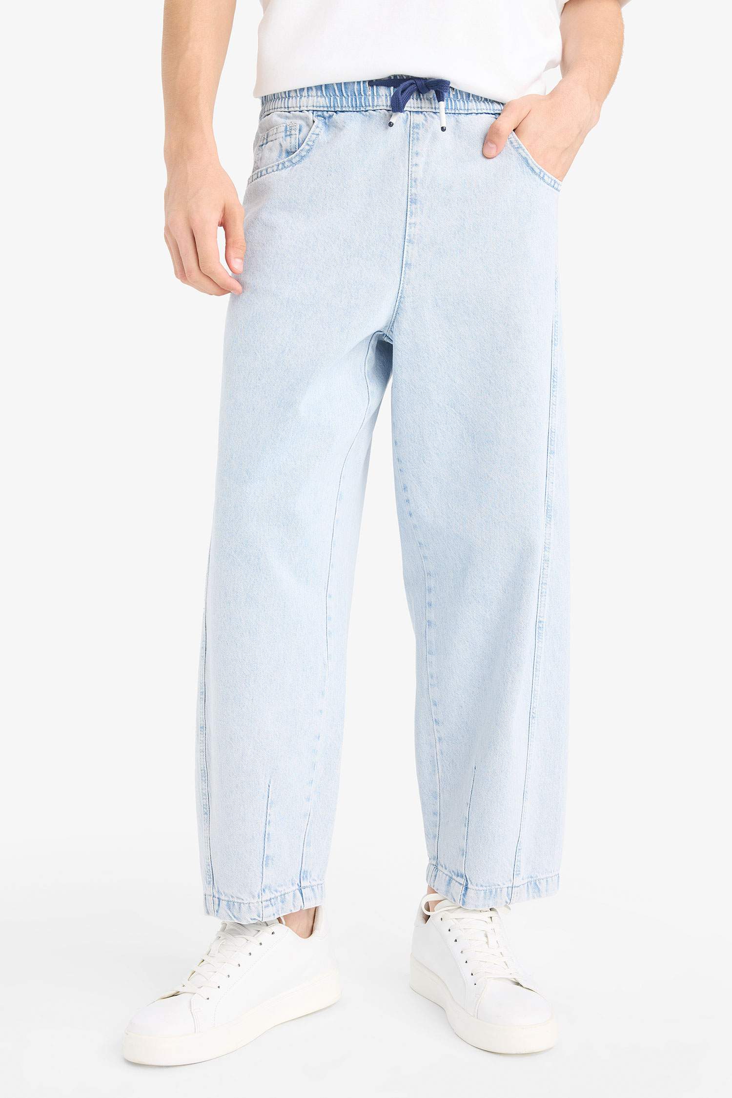 %100 Pamuk Barrel Fit Beli Bağcıklı Lastikli Geniş Paça Jean Yıkamalı Pantolon