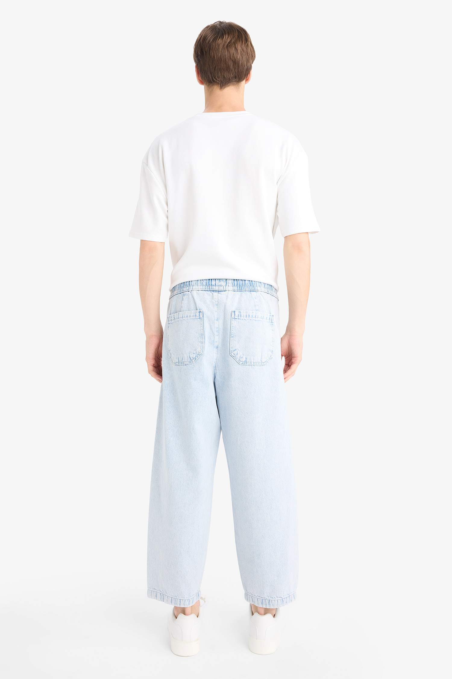 %100 Pamuk Barrel Fit Beli Bağcıklı Lastikli Geniş Paça Jean Yıkamalı Pantolon