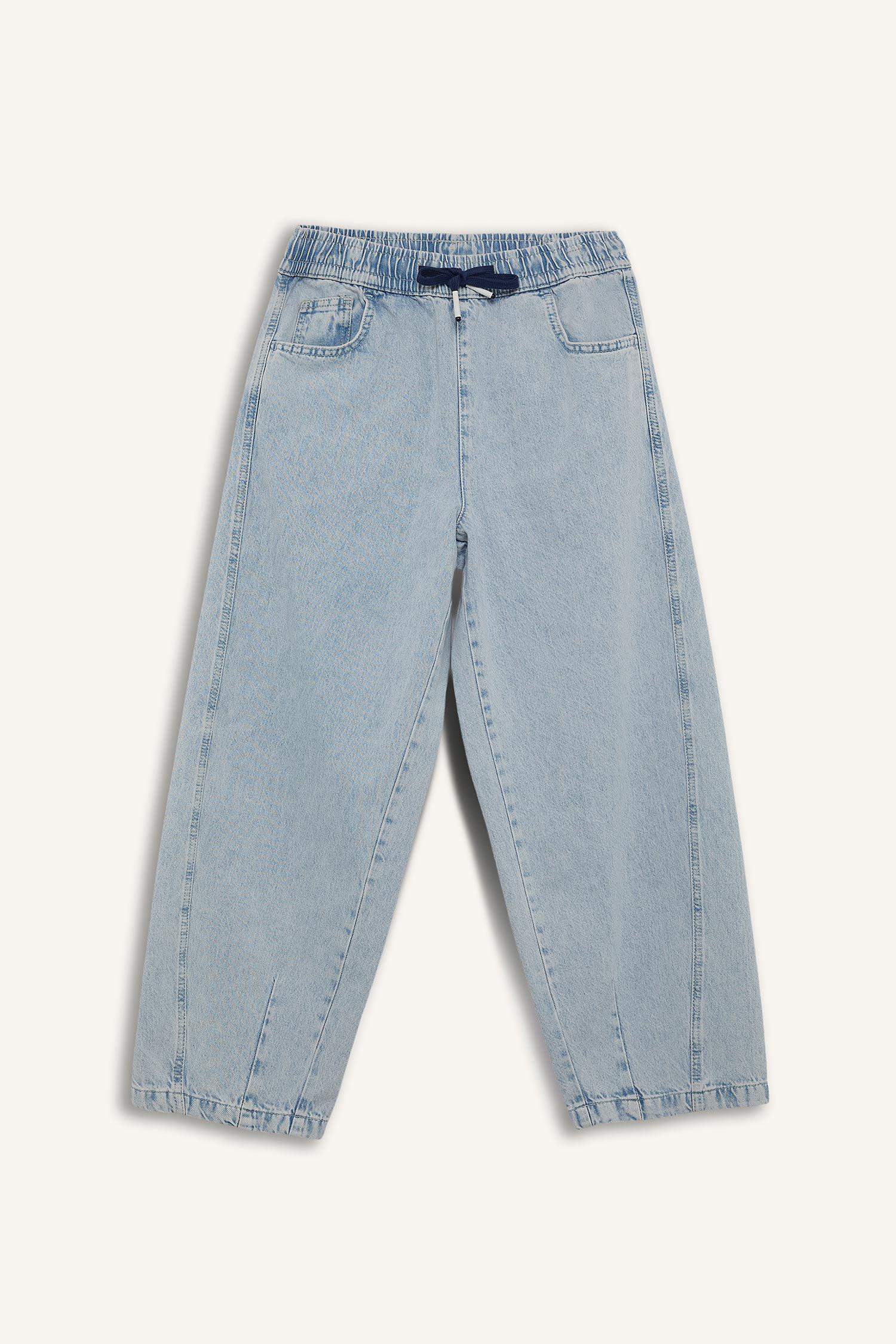 %100 Pamuk Barrel Fit Beli Bağcıklı Lastikli Geniş Paça Jean Yıkamalı Pantolon