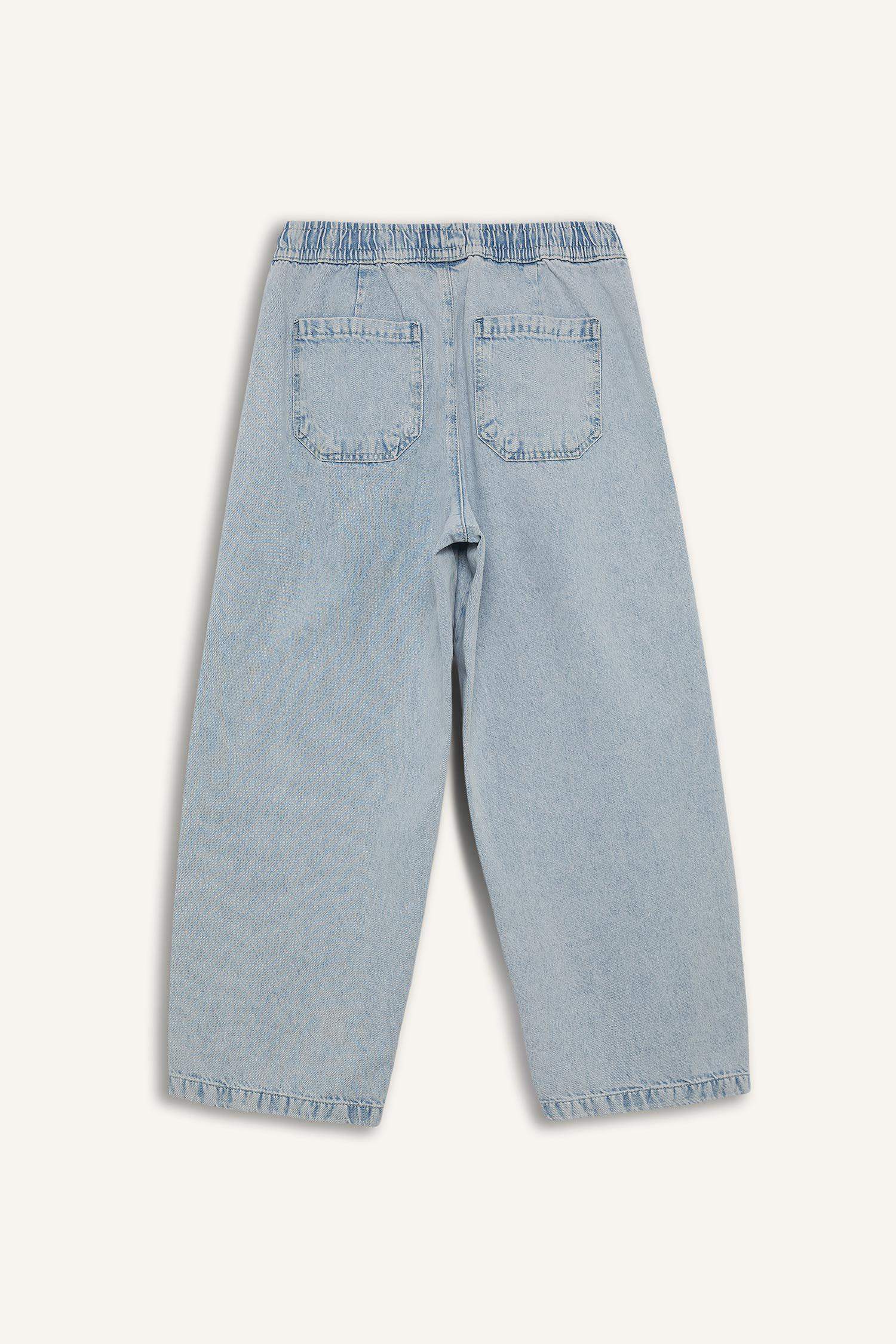 %100 Pamuk Barrel Fit Beli Bağcıklı Lastikli Geniş Paça Jean Yıkamalı Pantolon