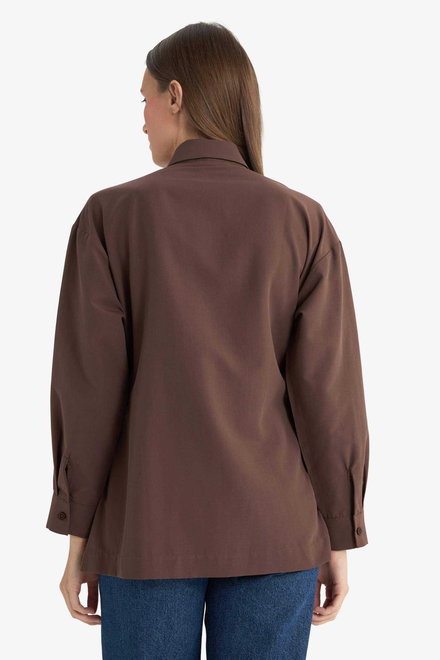 Regular Fit Gömlek Yaka Önden Bağlamalı Poplin Uzun Kollu Gömlek Tunik