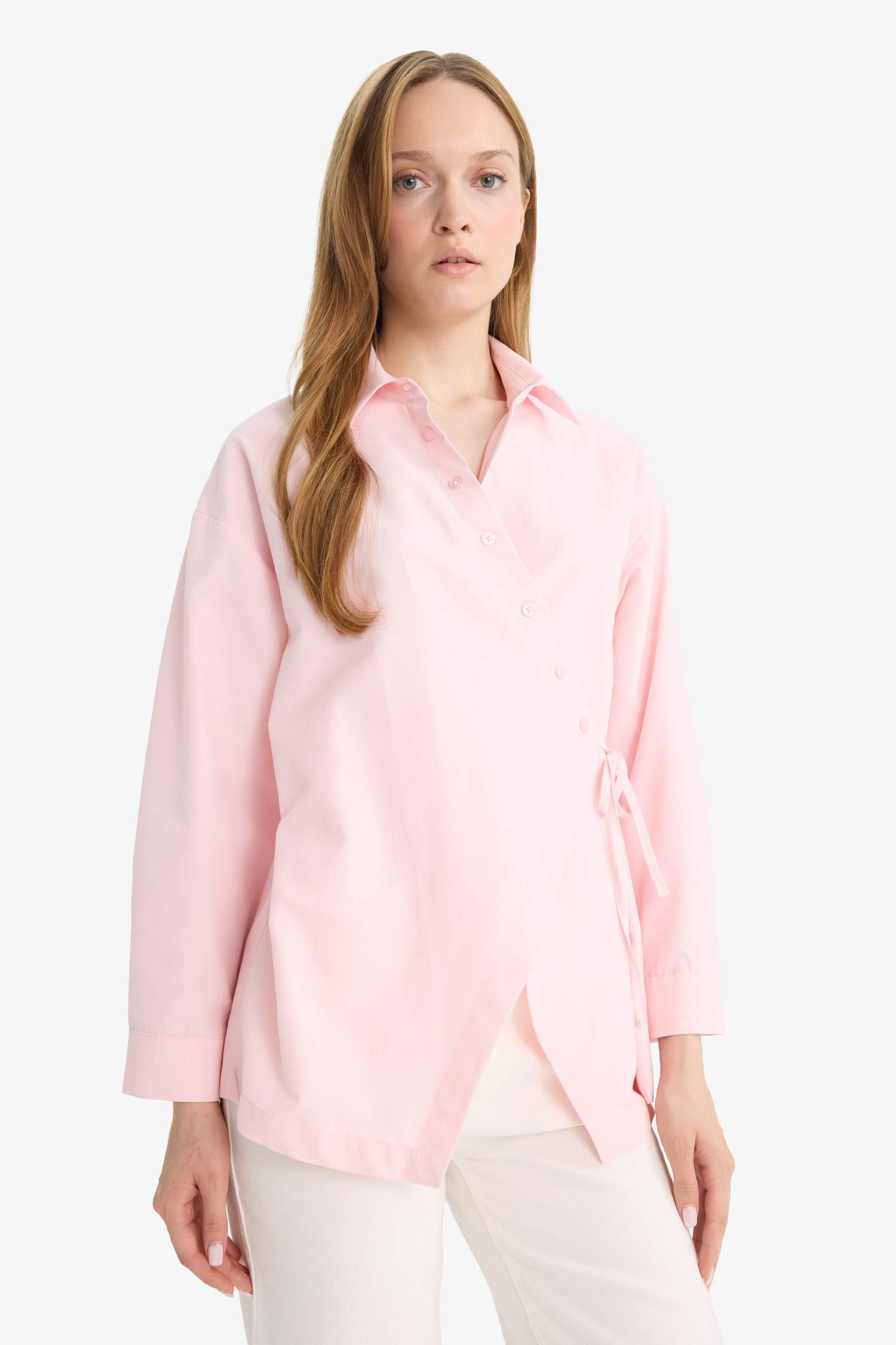 Regular Fit Gömlek Yaka Önden Bağlamalı Poplin Uzun Kollu Gömlek Tunik