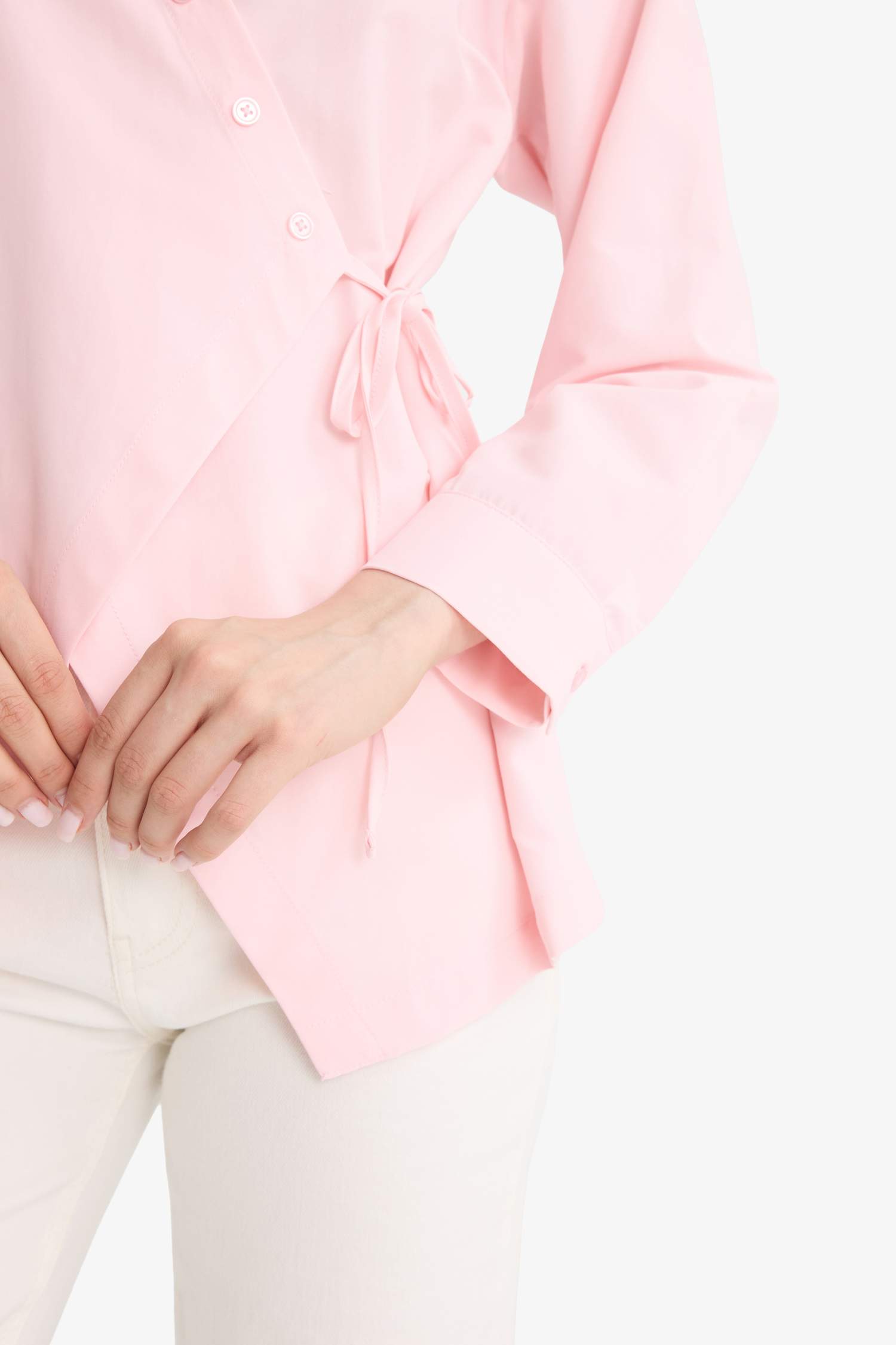 Regular Fit Gömlek Yaka Önden Bağlamalı Poplin Uzun Kollu Gömlek Tunik