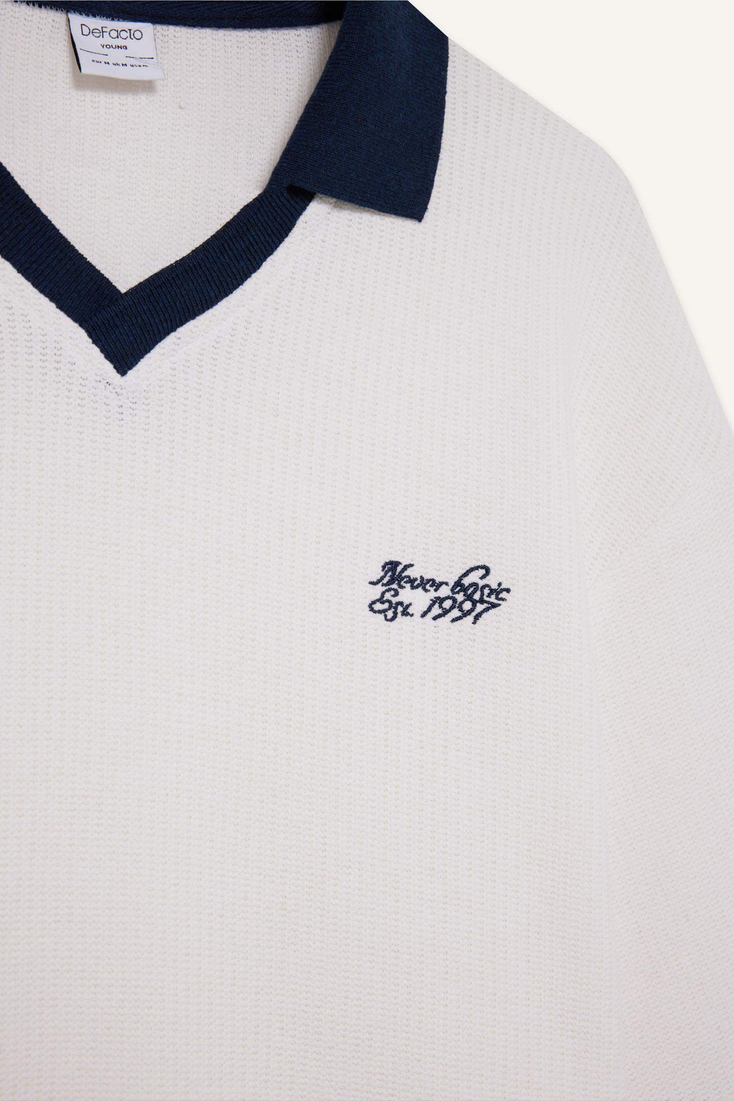 Boxy Fit Rahat Kesim Polo Yaka Kontrast Renkli Dokulu Kısa Kollu Tişört