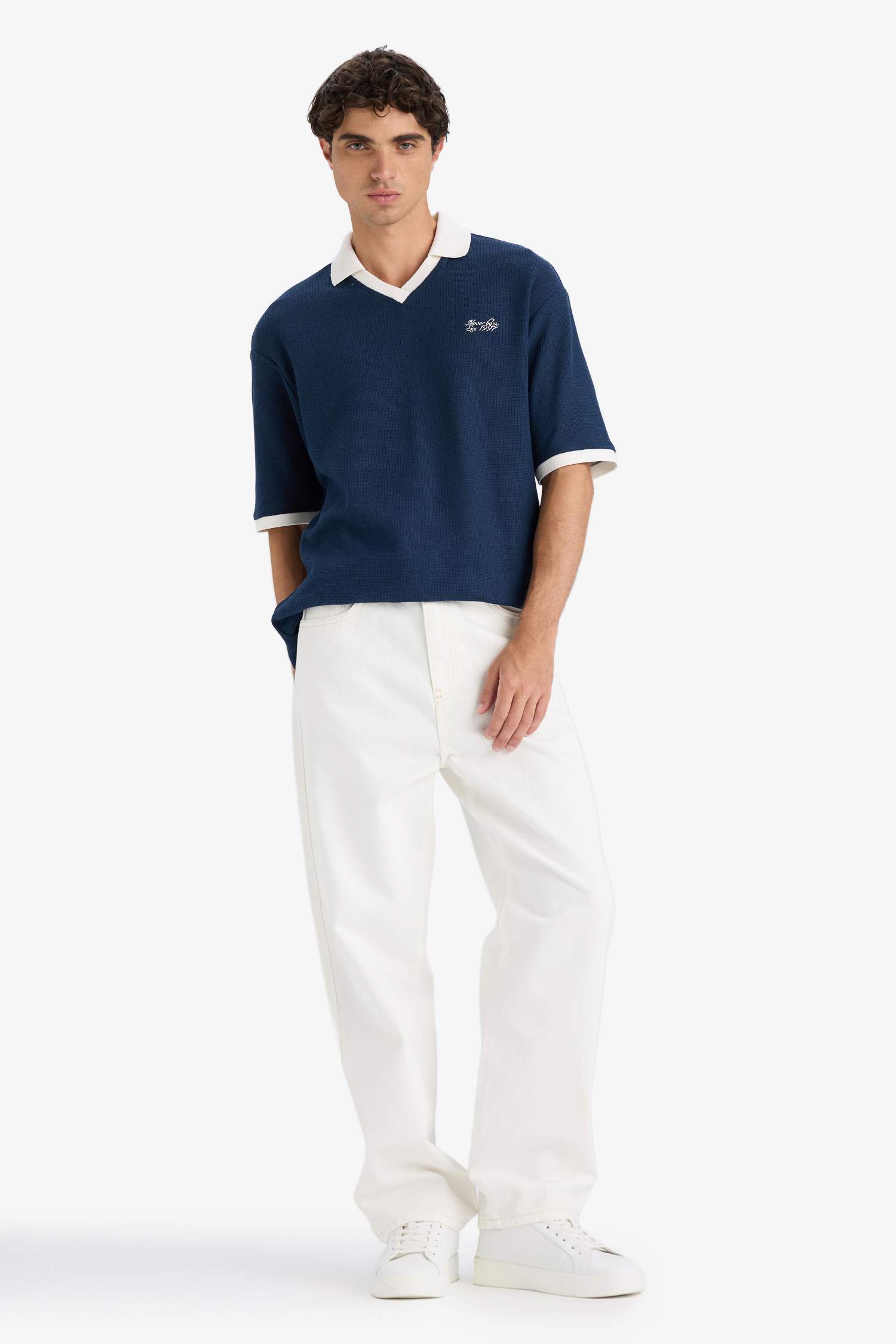 Boxy Fit Contrast Color Textured Polo T-Shirt