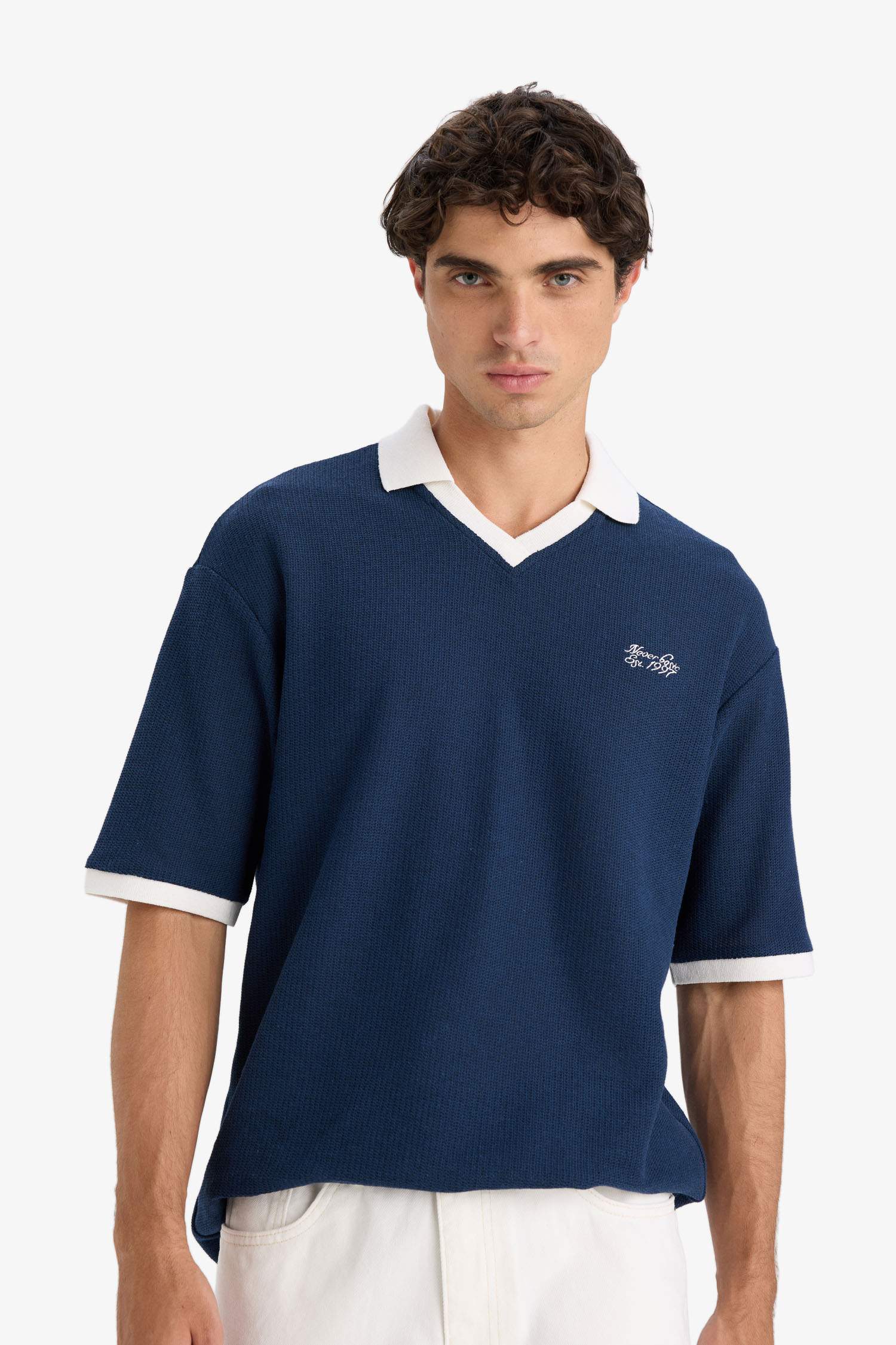 Boxy Fit Contrast Color Textured Polo T-Shirt