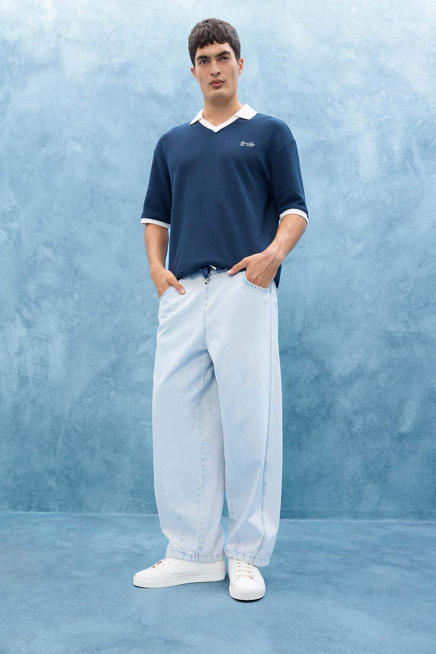 Boxy Fit Contrast Color Textured Polo T-Shirt