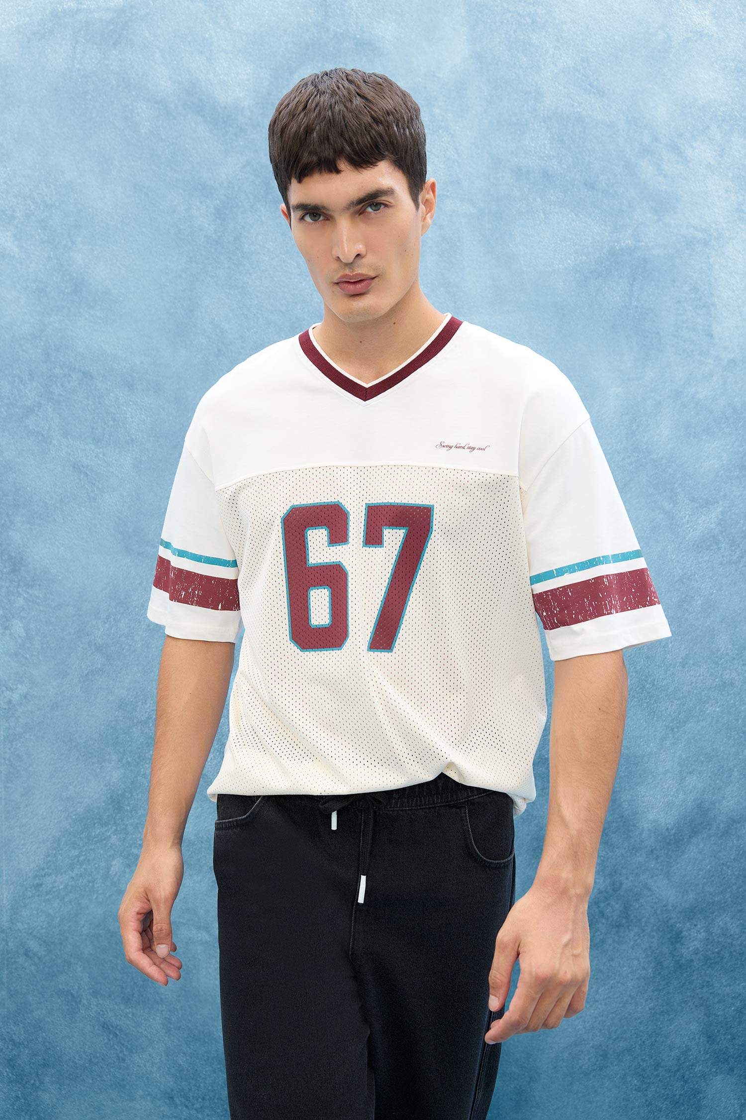 تيشيرت نص ردن أوفر سايز مطبوع بياقة مستديرة