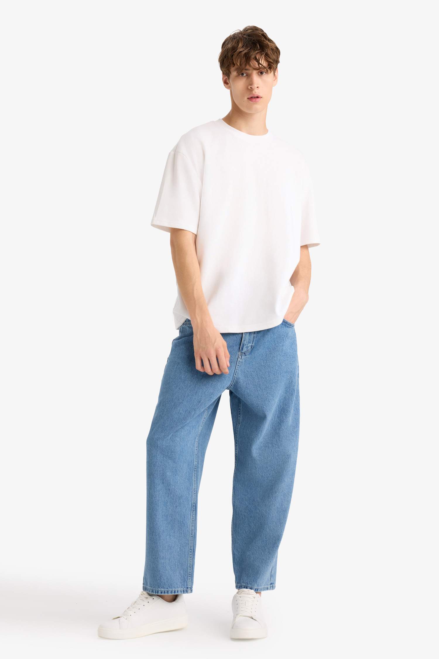 %100 Pamuk Tapered Wide Leg Fit Geniş Paça Jean Yıkamalı Pantolon