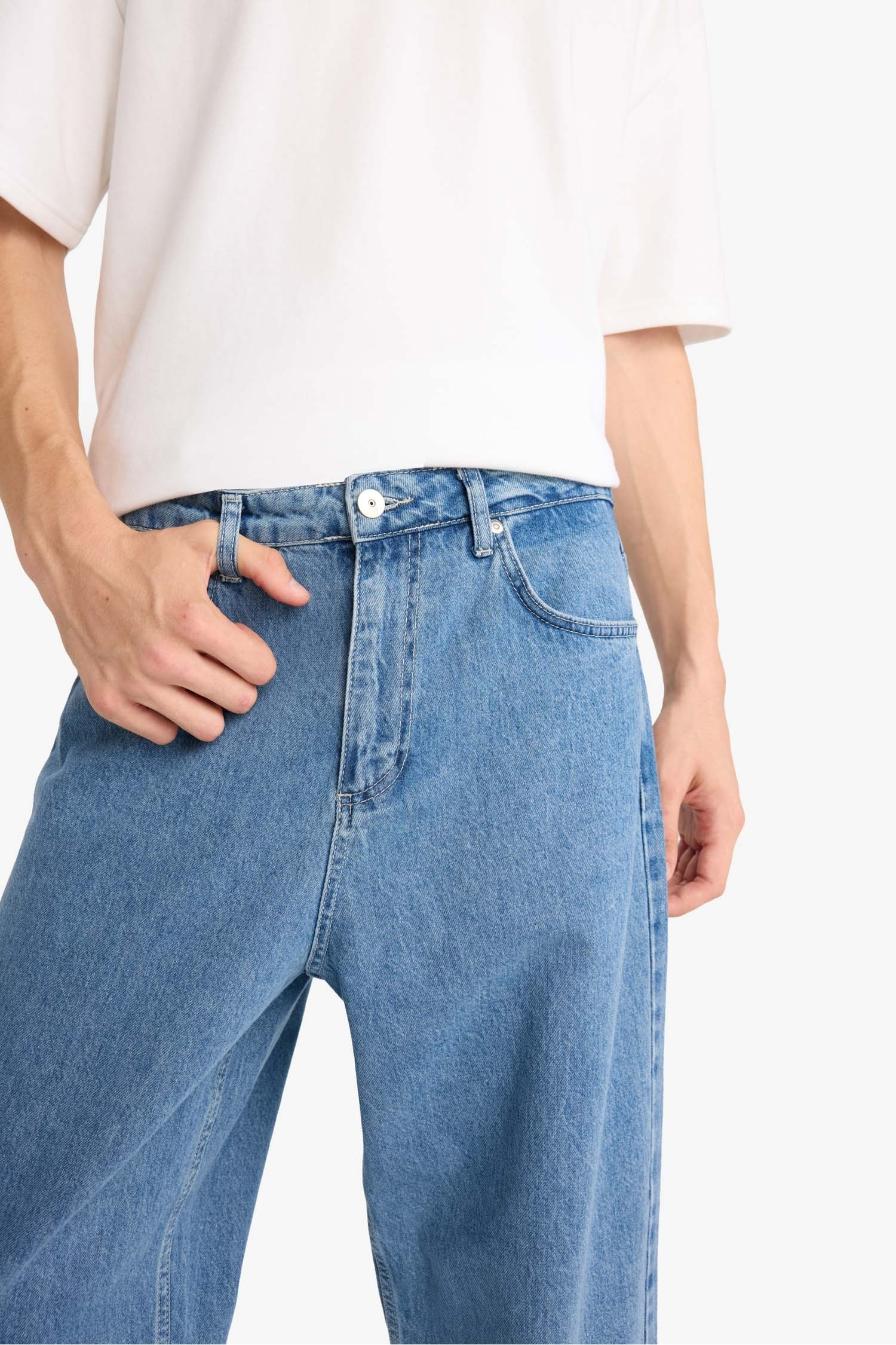 %100 Pamuk Tapered Wide Leg Fit Geniş Paça Jean Yıkamalı Pantolon