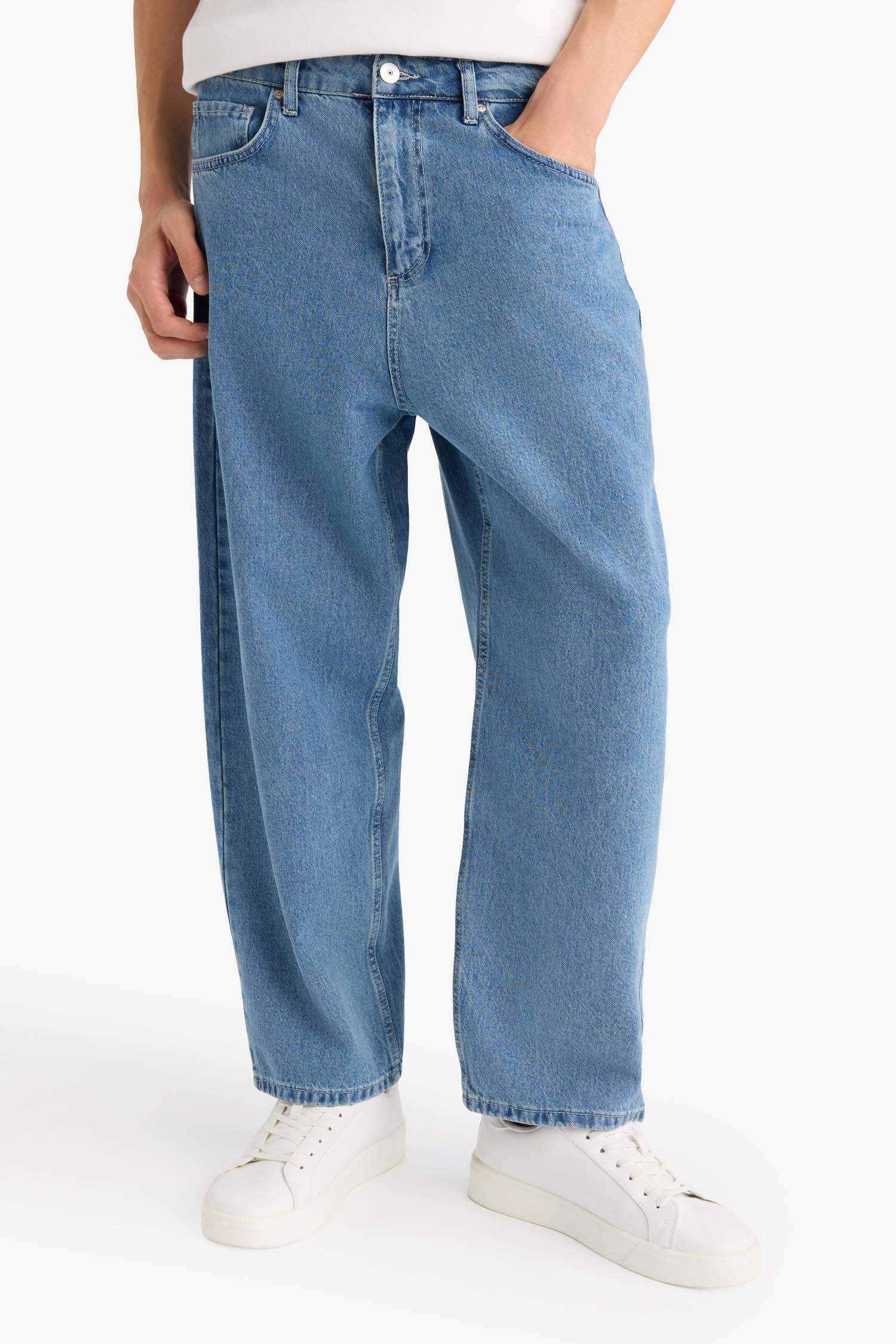 %100 Pamuk Tapered Wide Leg Fit Geniş Paça Jean Yıkamalı Pantolon