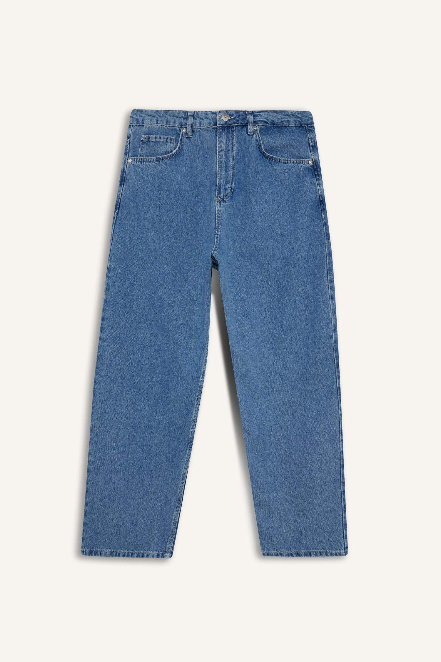 %100 Pamuk Tapered Wide Leg Fit Geniş Paça Jean Yıkamalı Pantolon