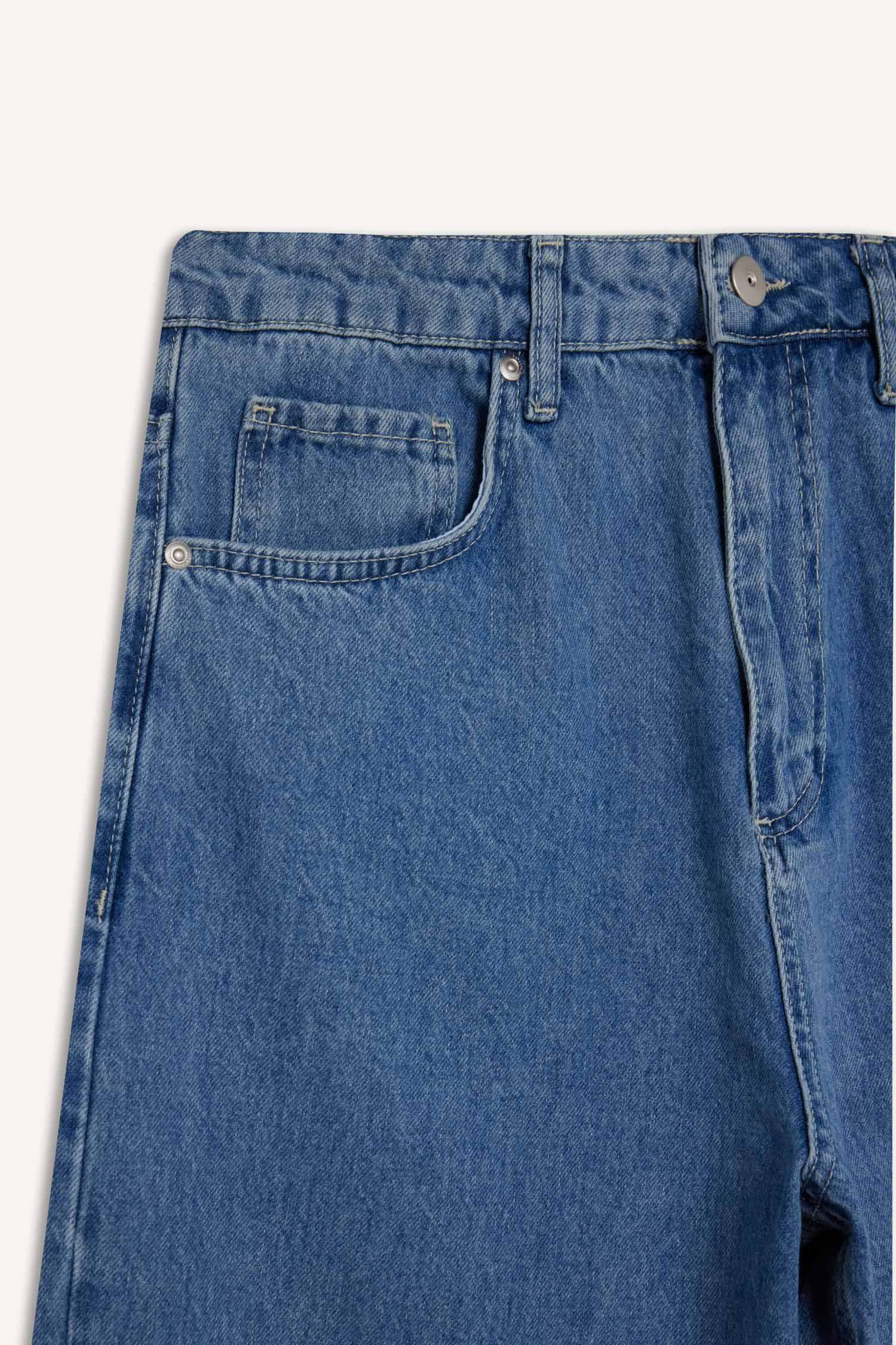 %100 Pamuk Tapered Wide Leg Fit Geniş Paça Jean Yıkamalı Pantolon